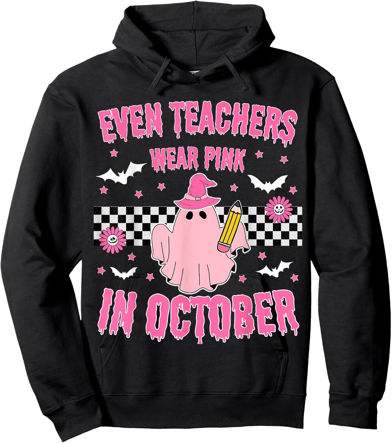 Even Teachers Wear Pink in October Halloween Breast Cancer Hoodie - Hoodie | Black