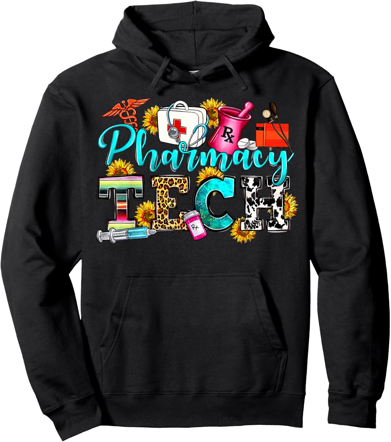 Retro Leopard Pharmacy Tech Pharmacist Certified Pharm Tech Hoodie - Hoodie | Black