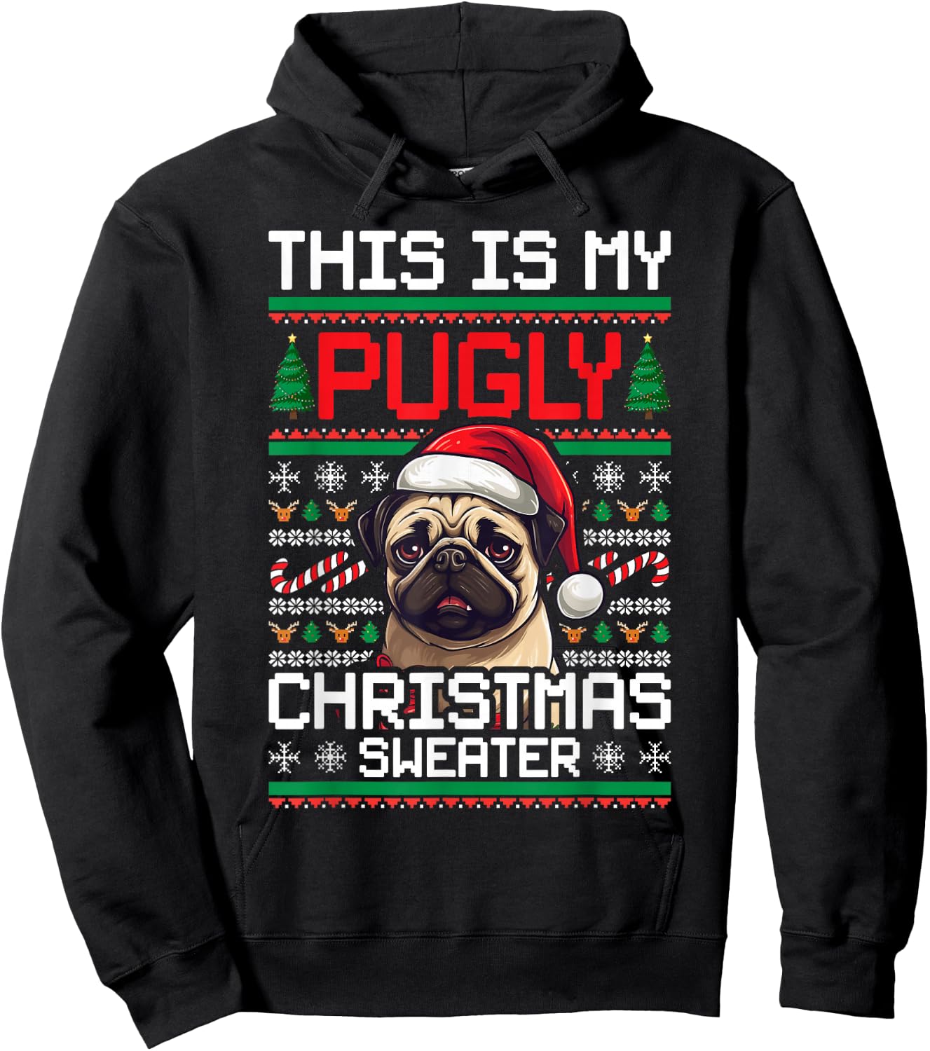 Ugly Christmas Sweater Pug Candy Cane Graphic Hoodie - Hoodie | Black