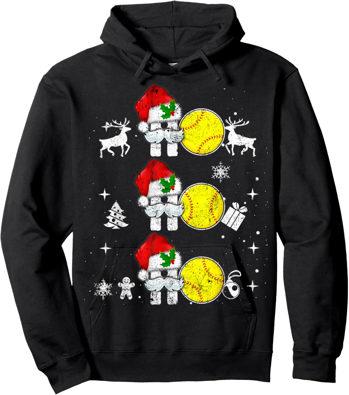 Christmas Softball Ho Ho Funny Xmas Sport Reindeer Santa Hat Hoodie - Hoodie | Black