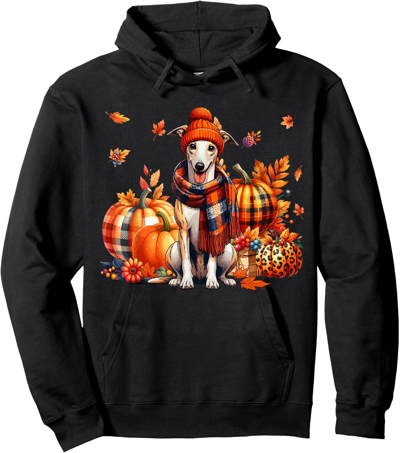 Whippet Thanksgiving Leopard Pumpkins Fall Leaves Lover Hoodie - Hoodie | Black