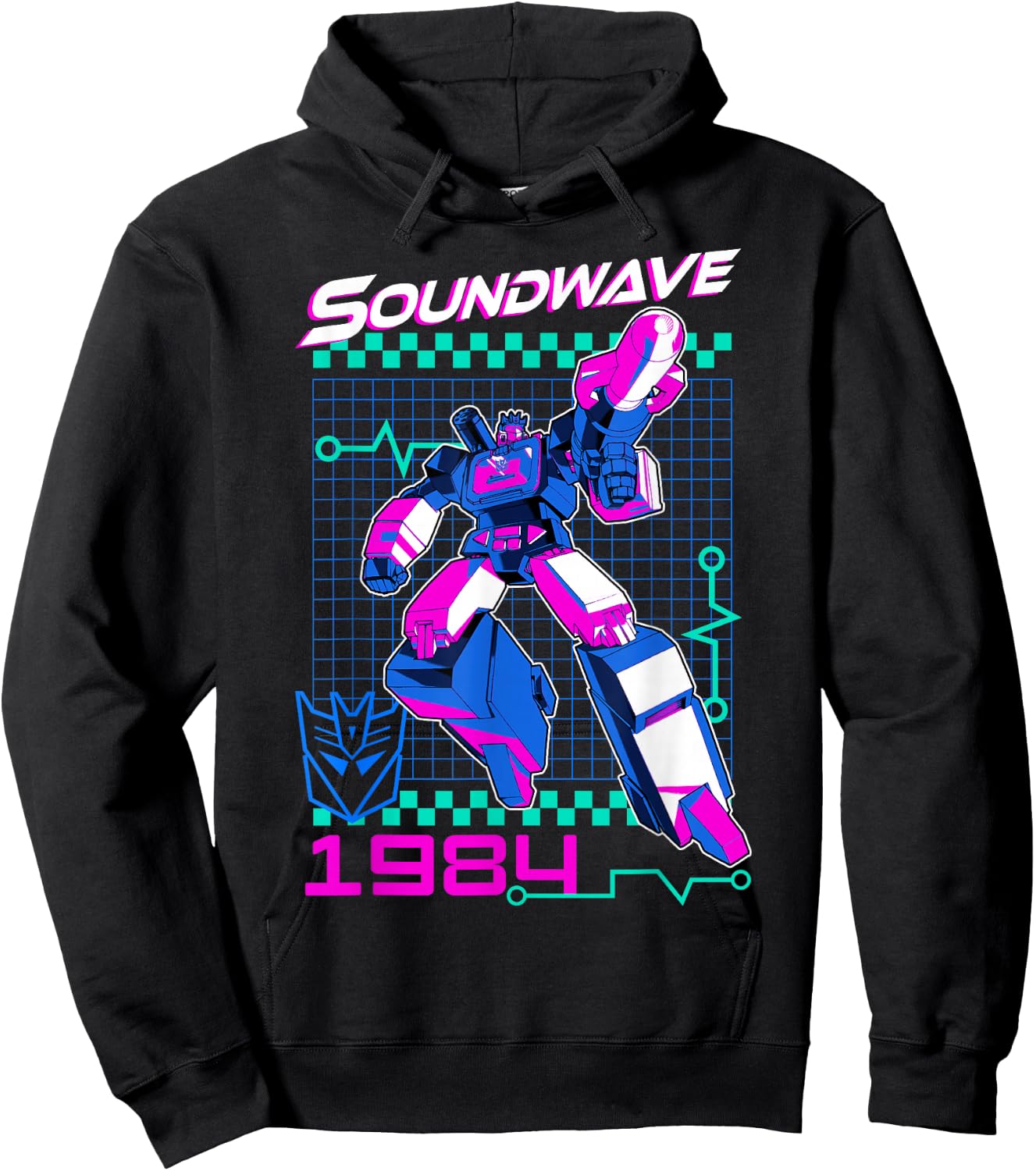 Transformers Soundwave 1984 Retro Grid Logo -Adults - Black - Small Hoodie - Hoodie | Black