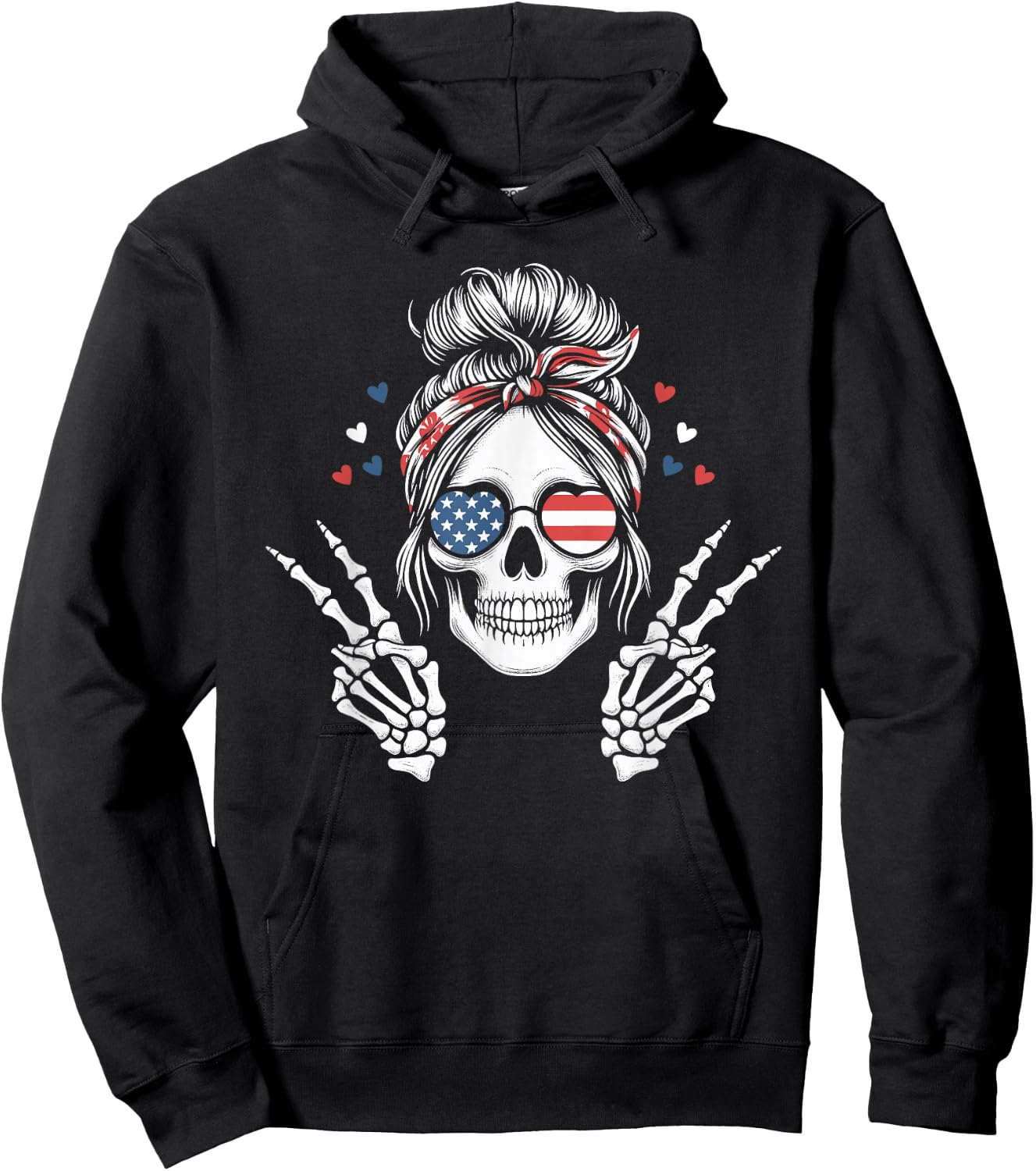 Patriotic American Flag Skull Messy Bun Peace USA 4th July Hoodie - Hoodie | Black