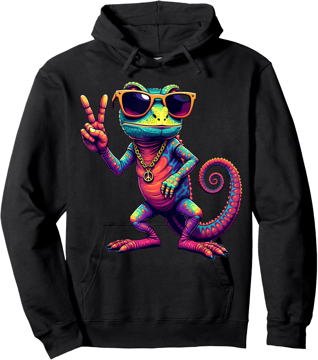 Groovy Peace Chameleon,, Funny Vintage Chameleon Hoodie - Hoodie | Black