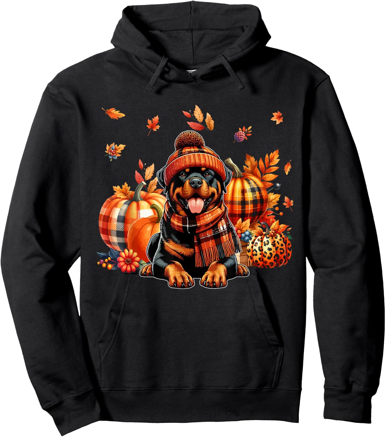 Rottweiler Thanksgiving Leopard Pumpkins Fall Leaves Lover Hoodie - Hoodie | Black