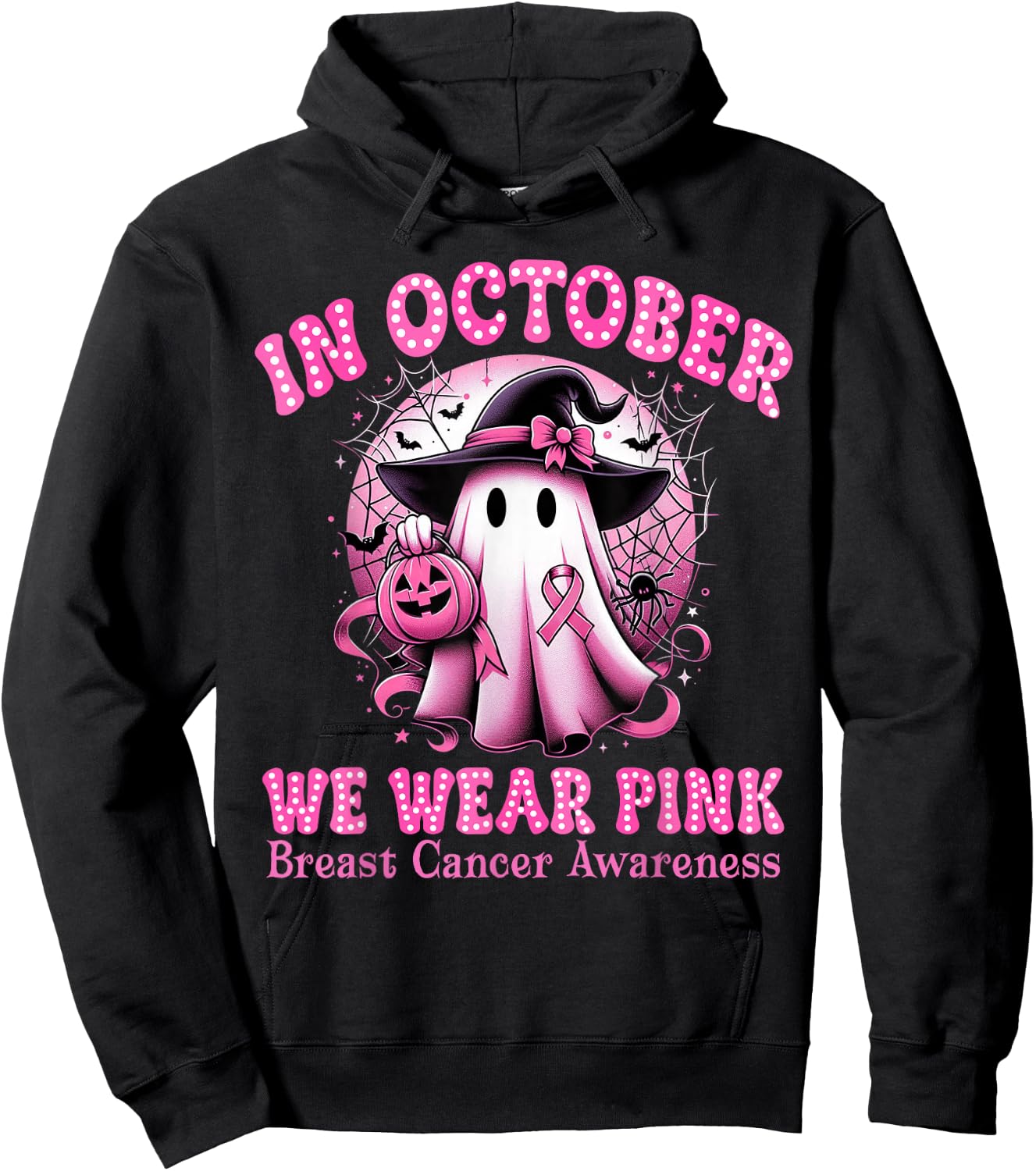 Breast Cancer In October We Wear Pink Witch Ghost Halloween Hoodie - Hoodie | Black