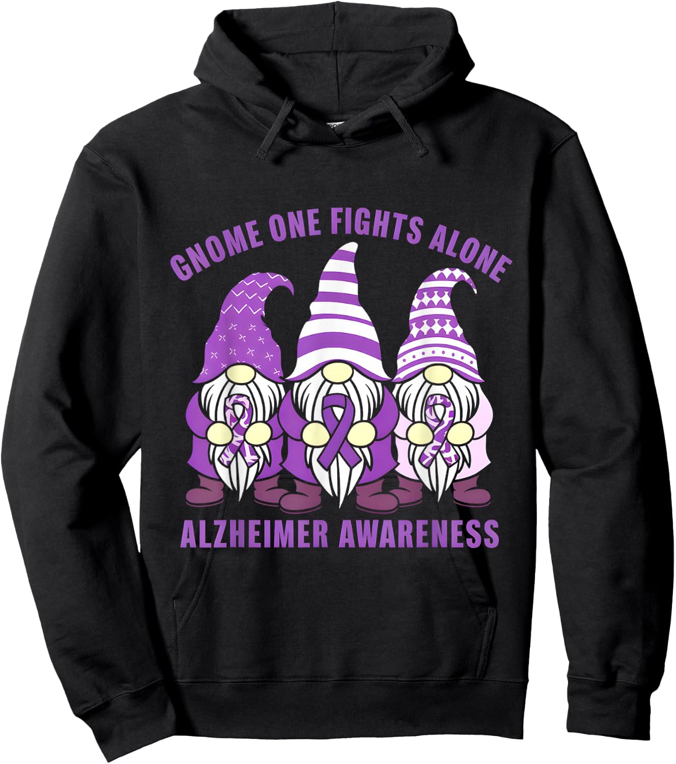 Gnome One Fights Alone Alzheimer Awareness Purple Ribbon Hoodie - Hoodie | Black
