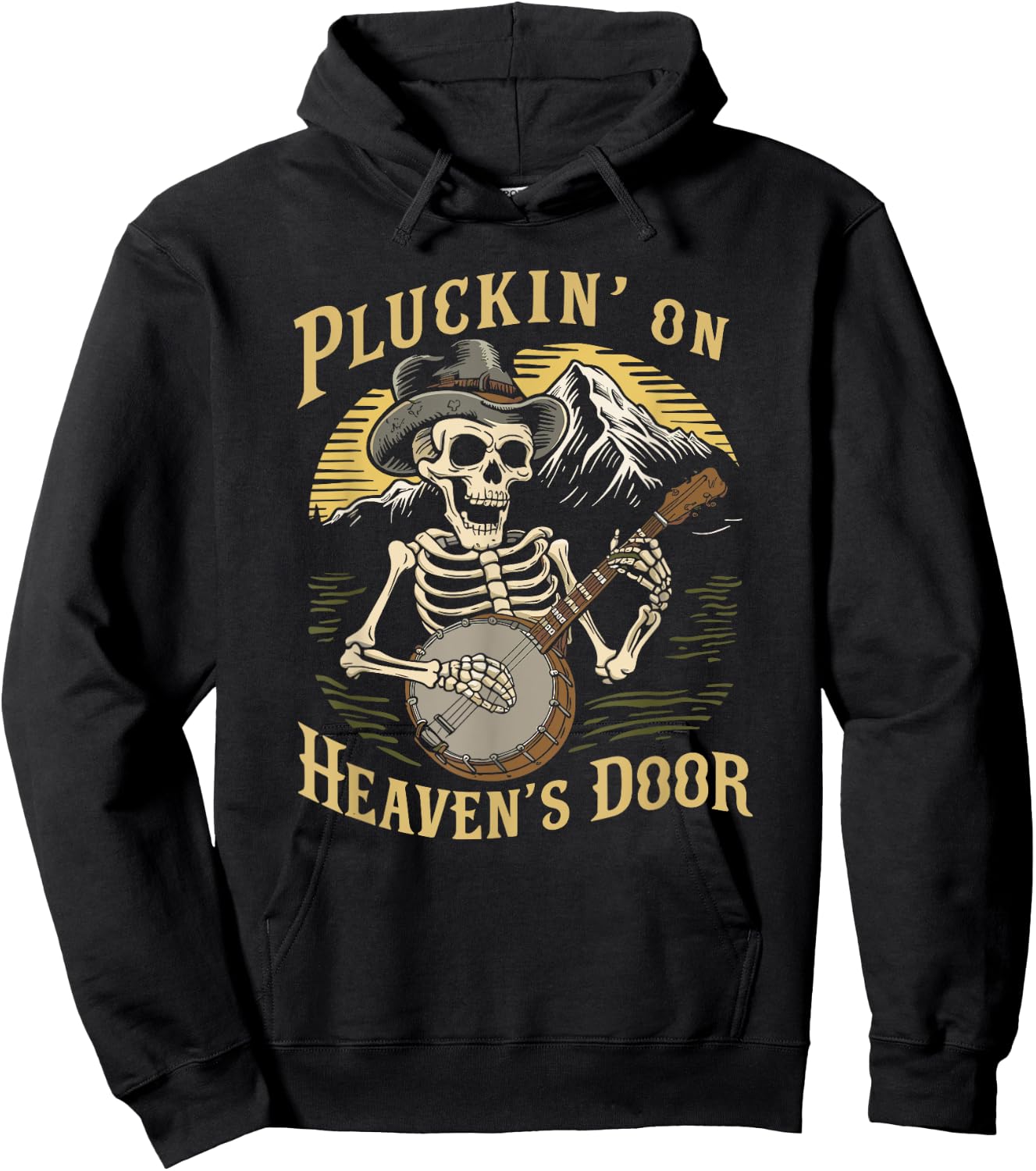 Bluegrass Music, Banjo Skeleton Pluckin on Heavens Door Hoodie - Hoodie | Black