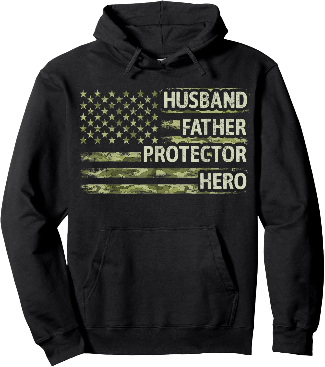 Husband Father Protector Hero Camo American Flag Fathers Day Hoodie - Hoodie | Black
