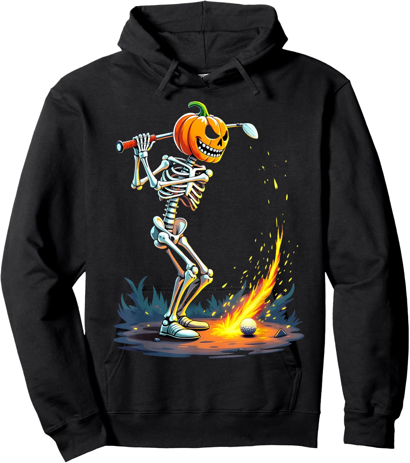 Pumpkin Head Skeleton Playing Golf Fireball Hoodie - Hoodie | Black