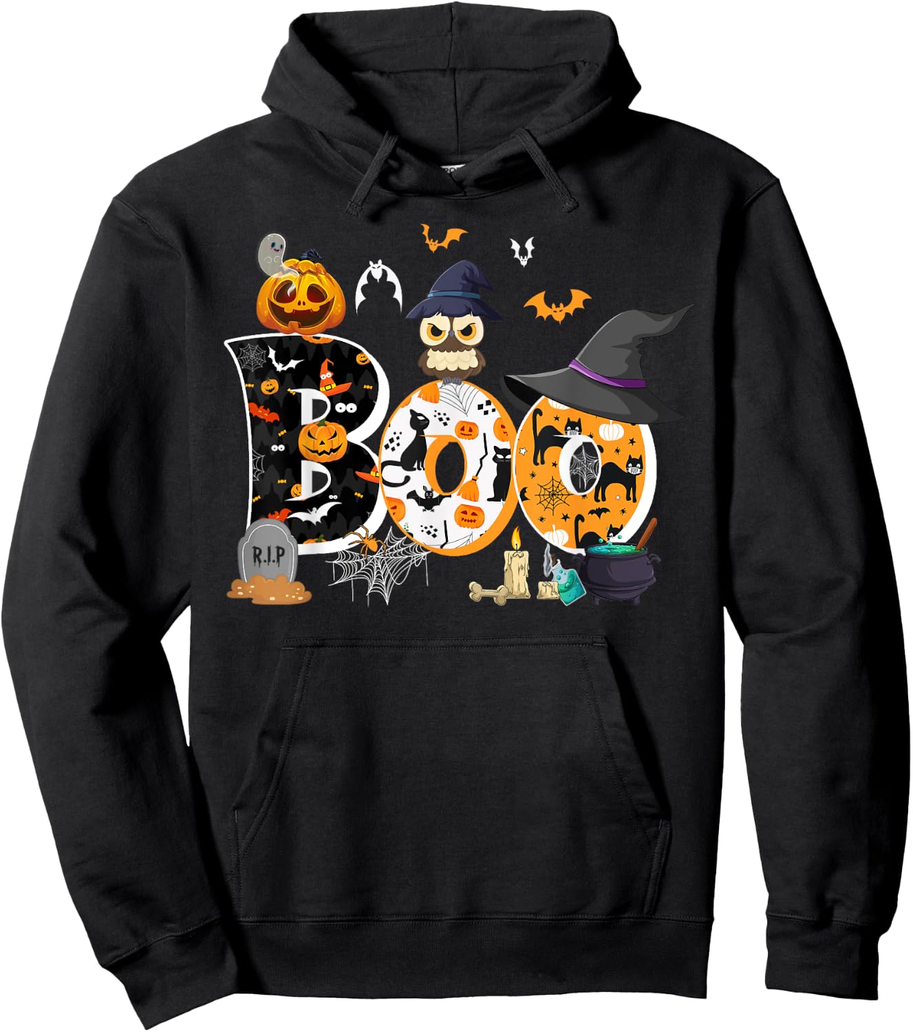 Halloween Costume Boo Owl Witch Hat Spider Pumpkin Hoodie - Hoodie | Black