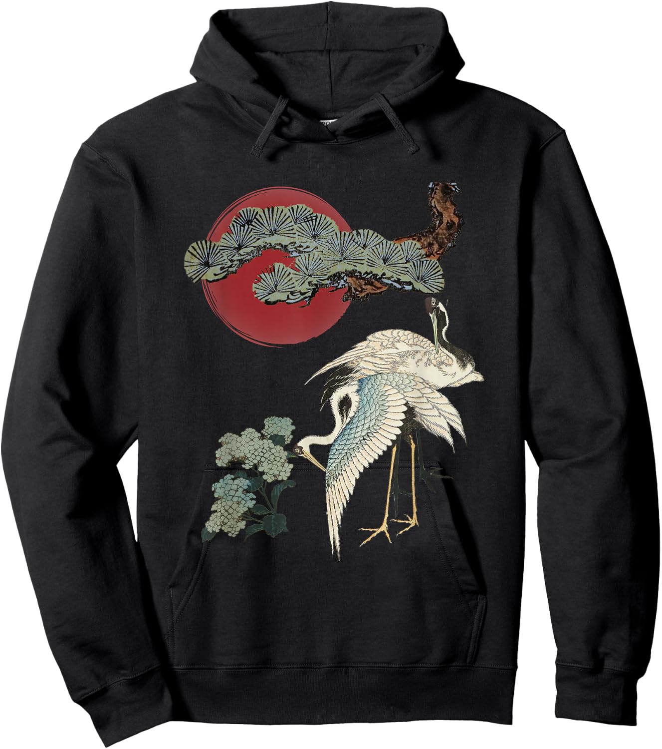 Japanese Crane and Pine Tree Art Elegant Traditional Design Hoodie - Hoodie | Black