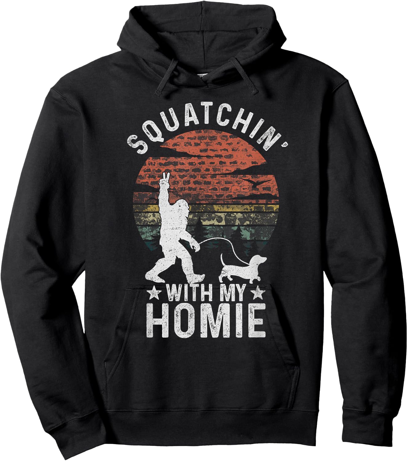Funny Bigfoot Walking Weiner Dog Clothing Bigfoot Walking Dachshund Sasquatch Wiener Dog Lover Hoodie - Hoodie | Black