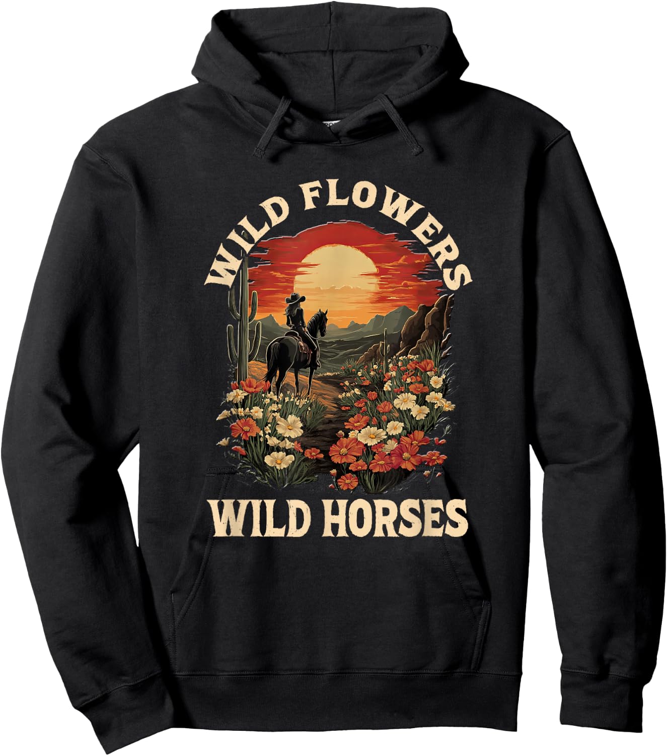 Western Sunset Cowgirl Riding Horse Wild Flowers Wild Horses Hoodie - Hoodie | Black