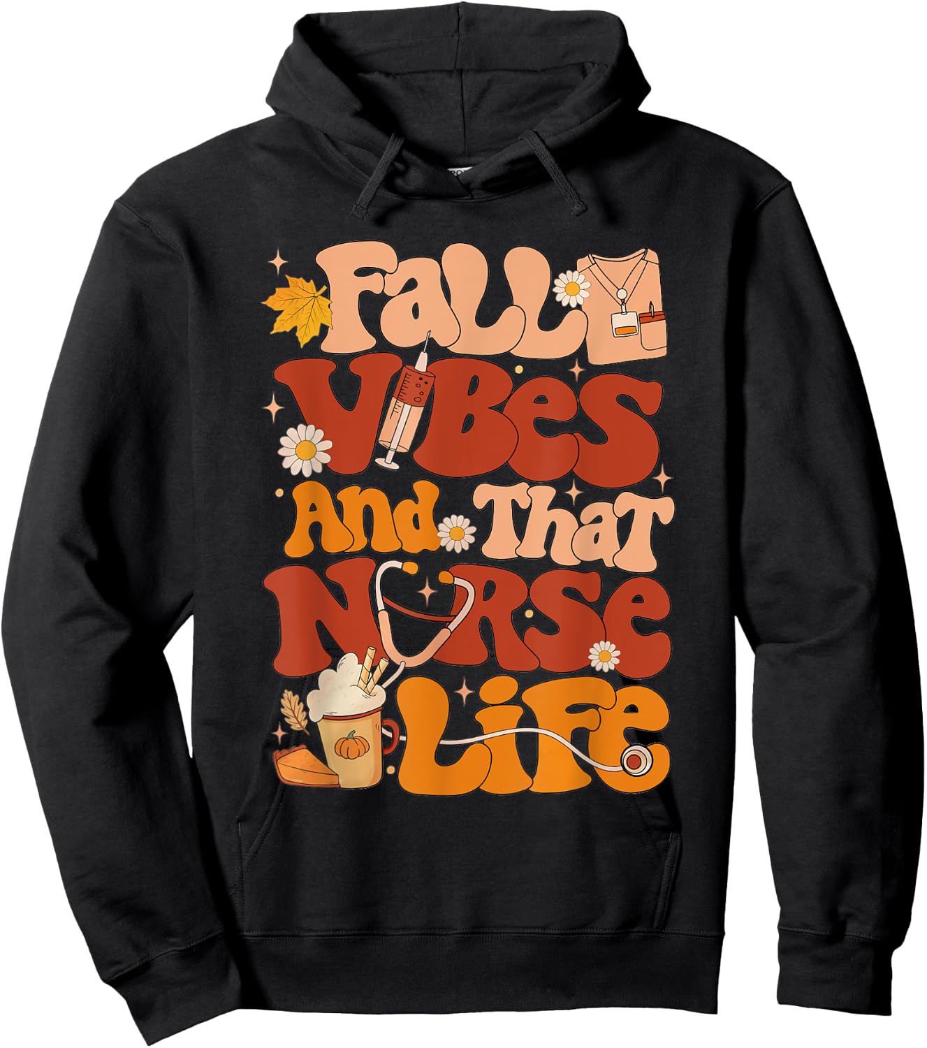 Retro Fall Vibes and That Nurse Life Thanksgiving Nurse Fall Hoodie - Hoodie | Black