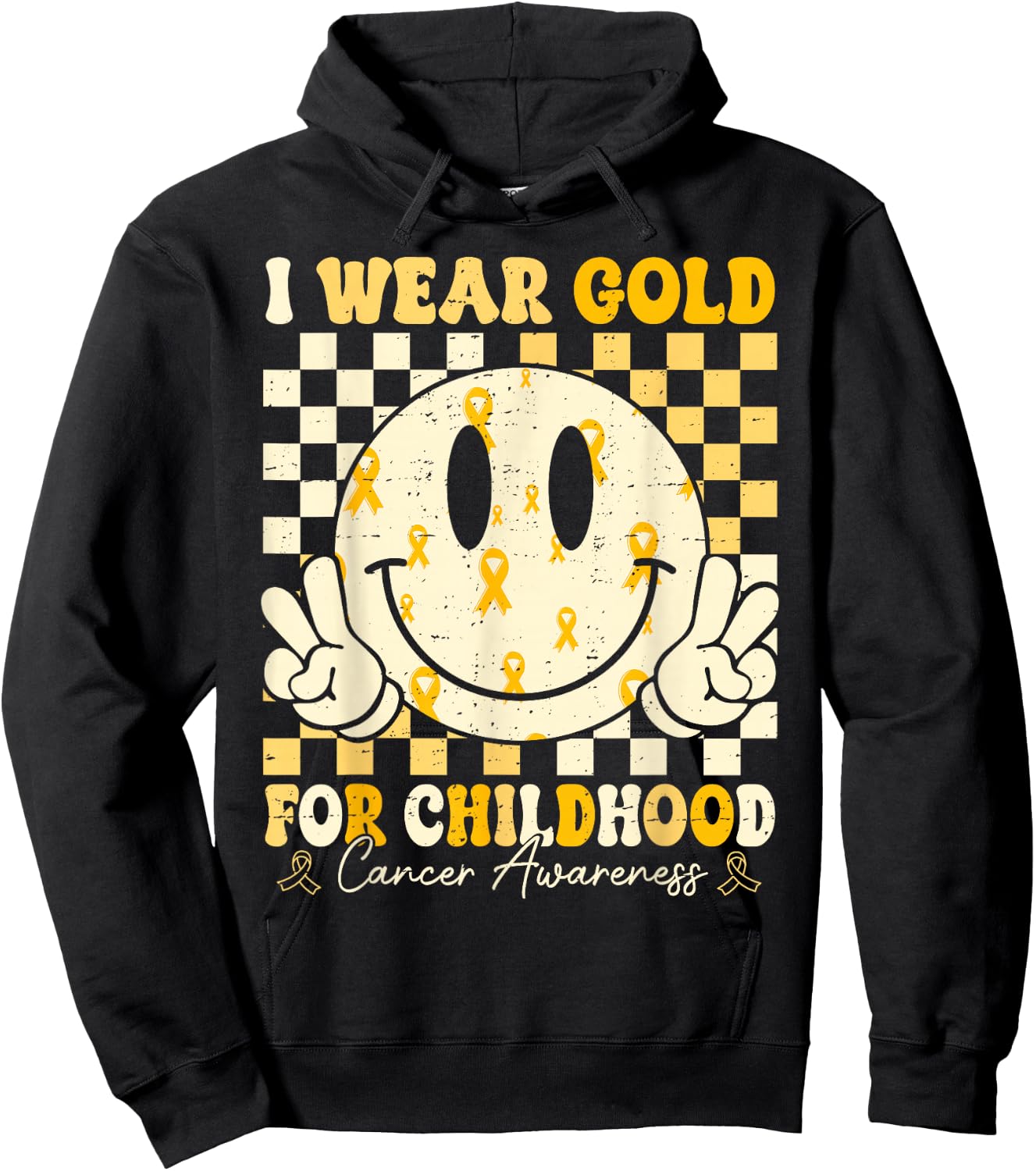 Retro I Wear Gold For Childhood Cancer Awareness Gold Ribbon Hoodie - Hoodie | Black