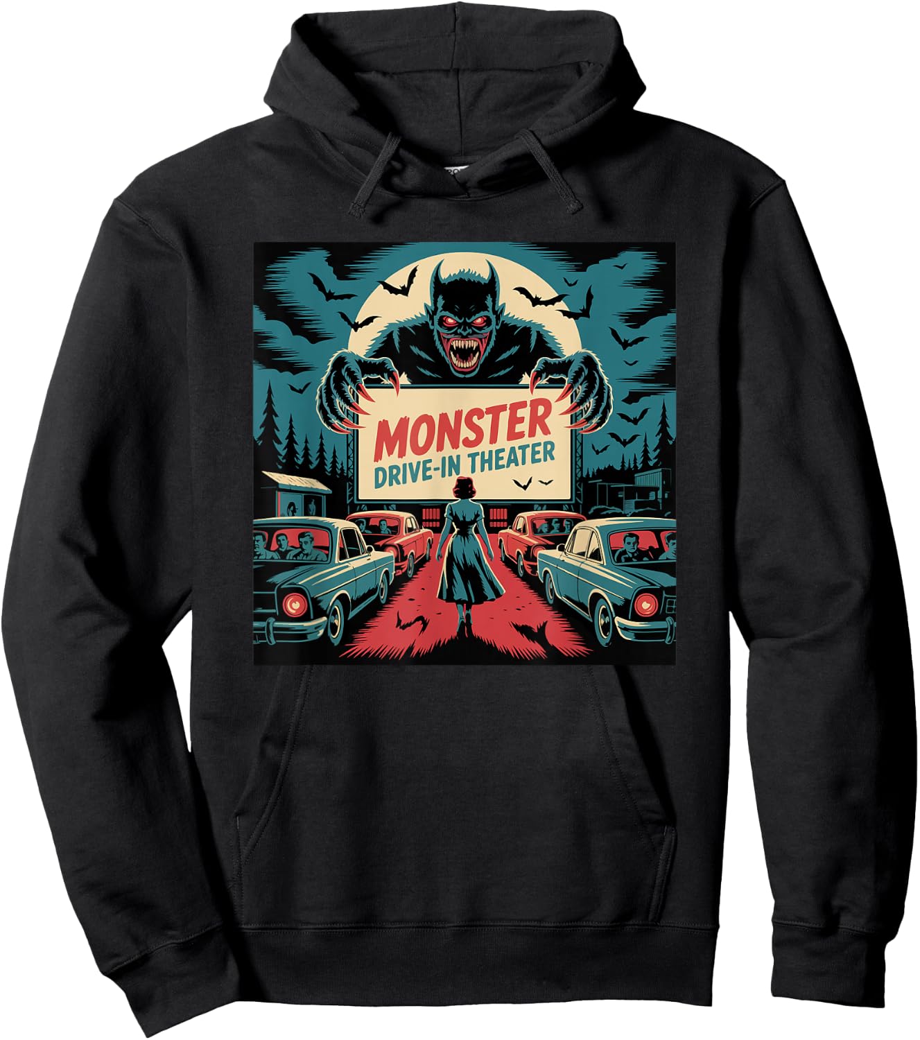 Retro Monster Drive-In Horror Movie Art Vintage Hoodie - Hoodie | Black