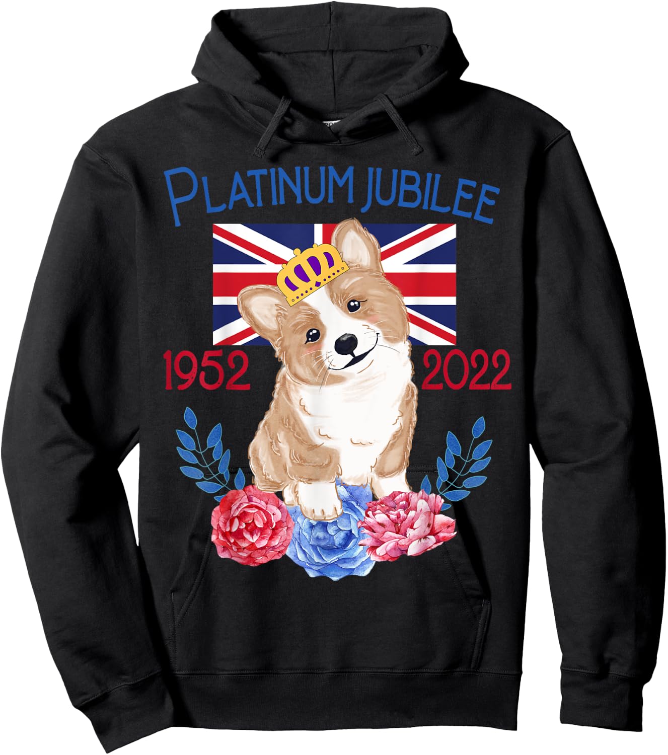 Queen's Platinum Jubilee 1952-2022 Funny Corgi UK Flag Hoodie - Hoodie | Black