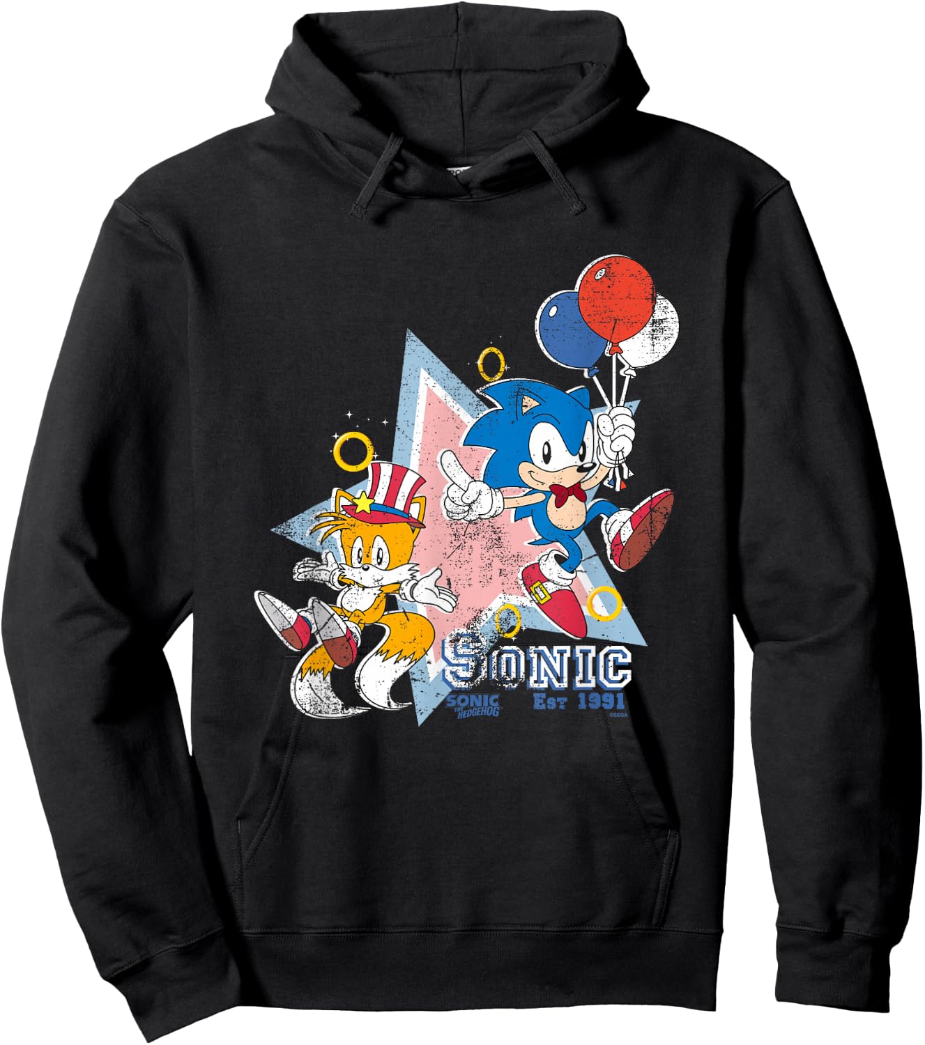 Sonic The Hedgehog Americana Sonic & Tails Celebration Retro Hoodie - Hoodie | Black