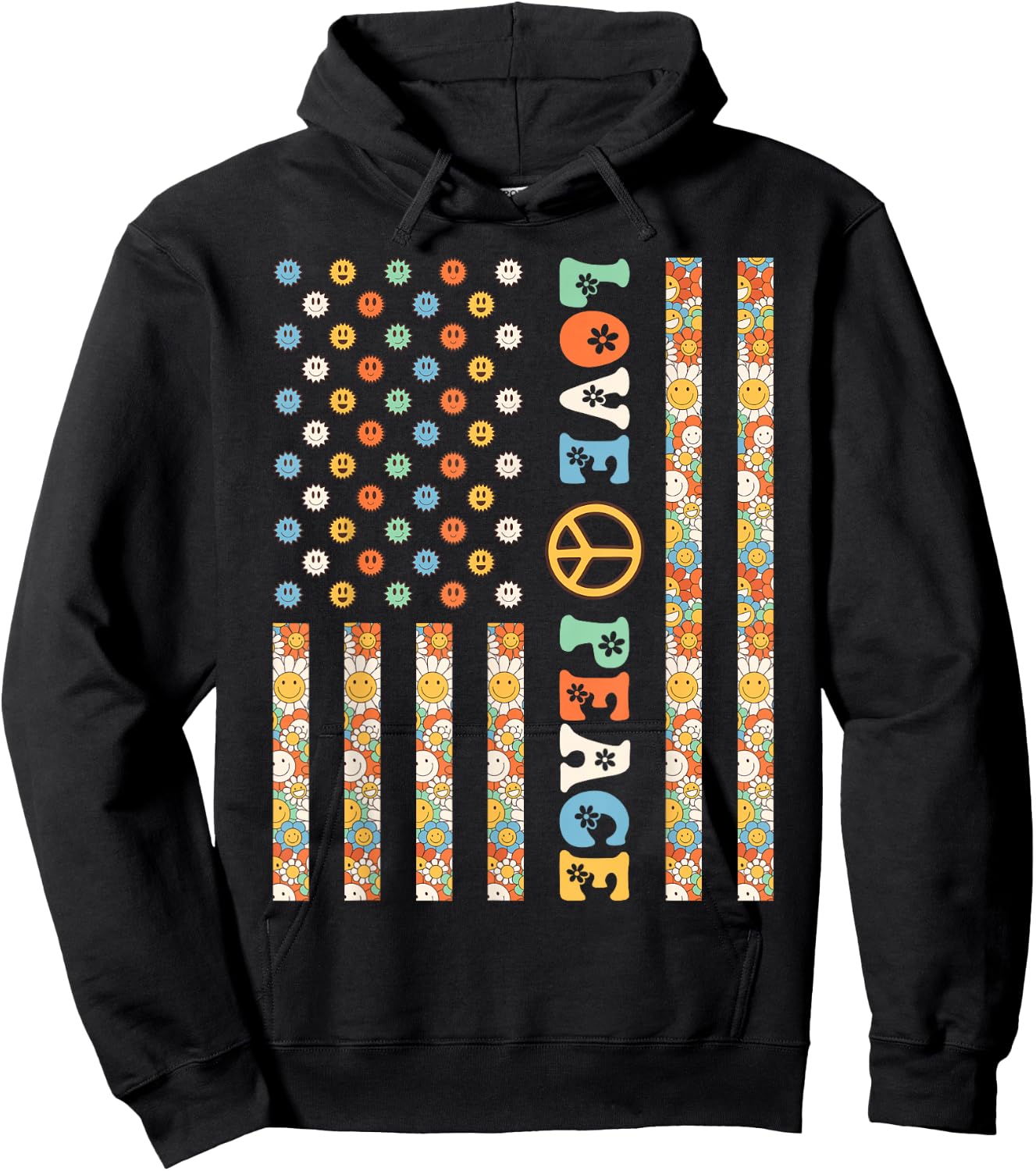 60s 70s American Flag Outfits Girls Kids Hippy Outfit USA Flag Hippie Groovy 1960s 1970s Love Peace Hoodie - Hoodie | Black