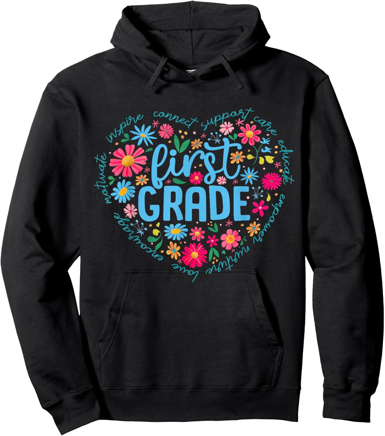 1st First Grade Floral Heart Back to School Teacher Girls Hoodie - Hoodie | Black