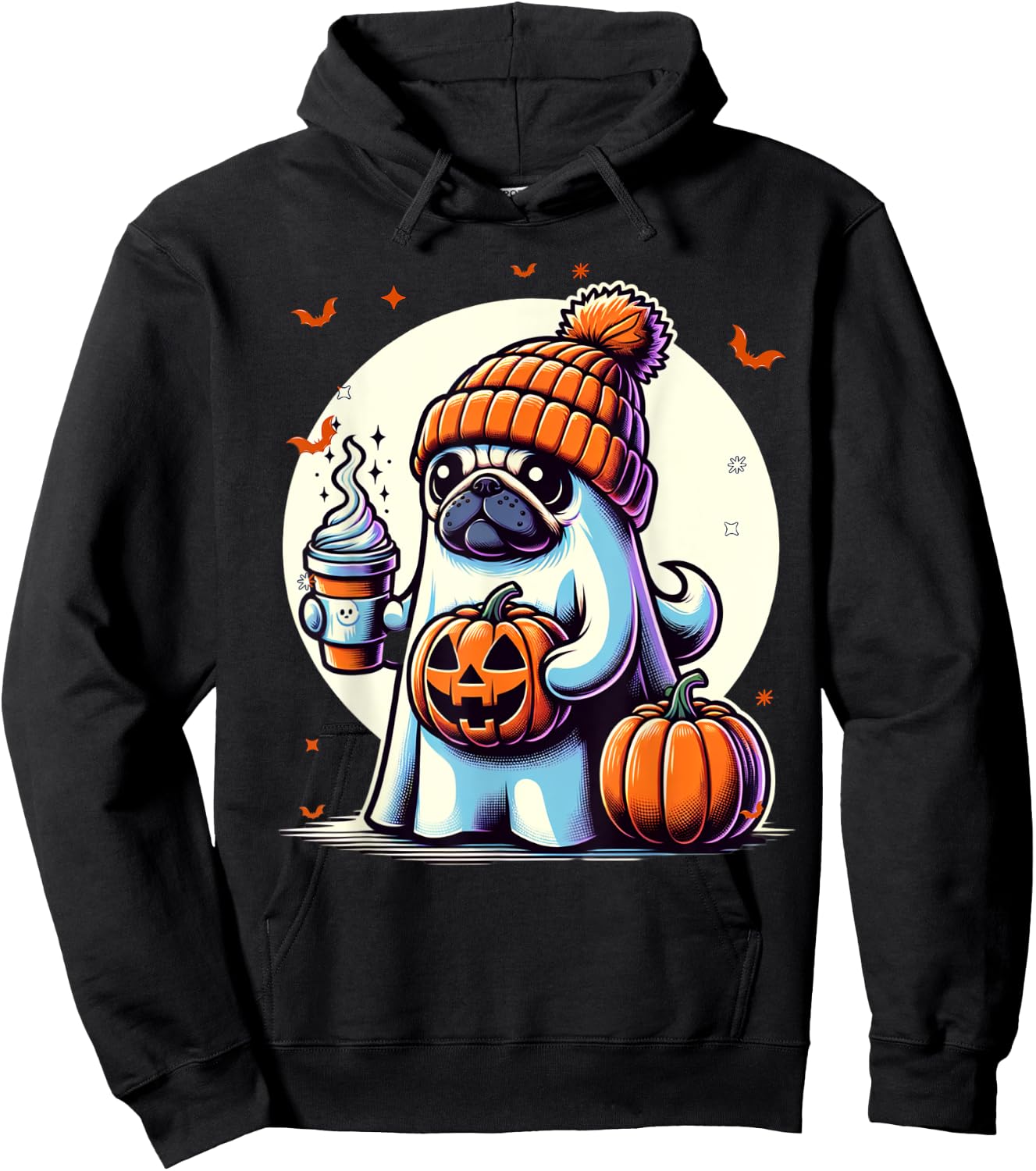 Ghost Pug Pumpkin Drinks Beanie Fall Halloween Hoodie - Hoodie | Black