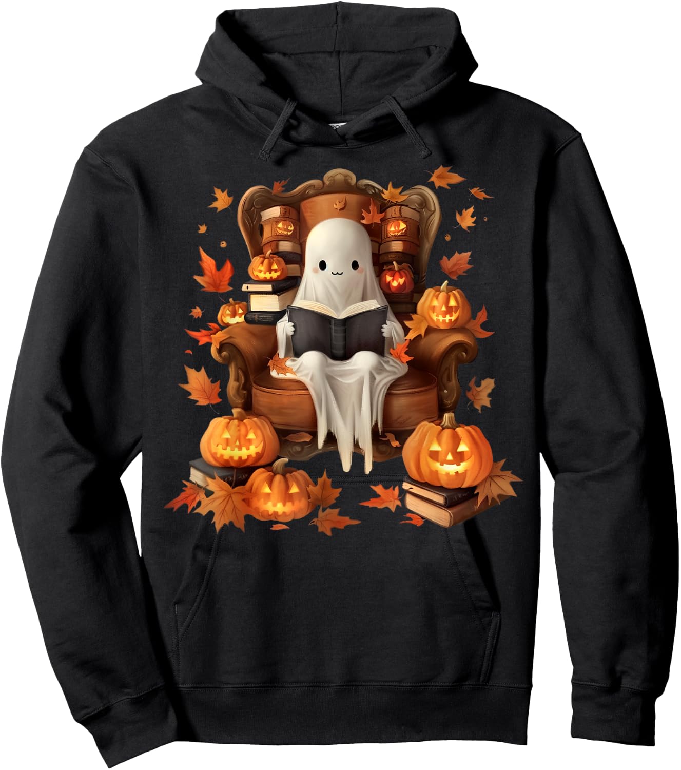 Vintage Ghost Book Reading Pumpkin Gothic Halloween Teachers Women Kids Hoodie - Hoodie | Black