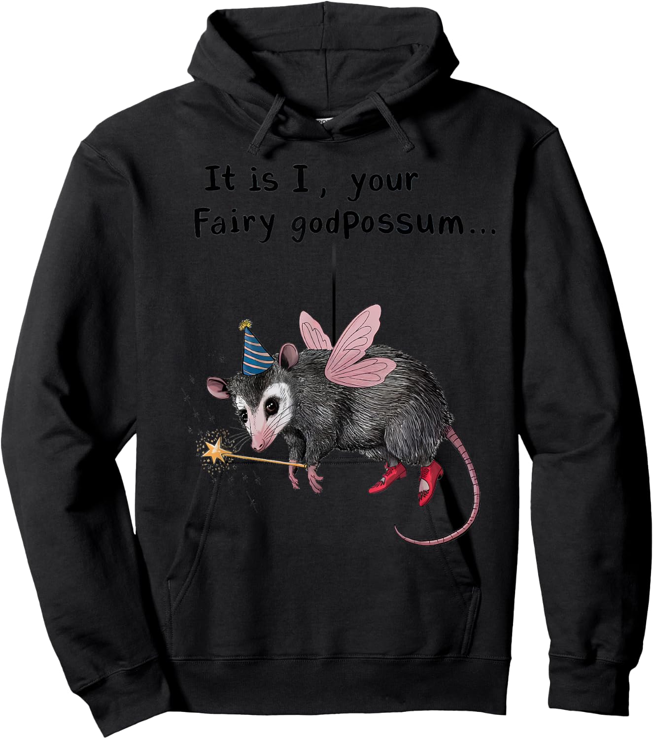 Whimsical Humor It Is I Your Fairy Godpossum -Adults Grey Short Sleeve Small Modern Cartoon Animal Humorous Cartoon Animal Hoodie - Hoodie | Black