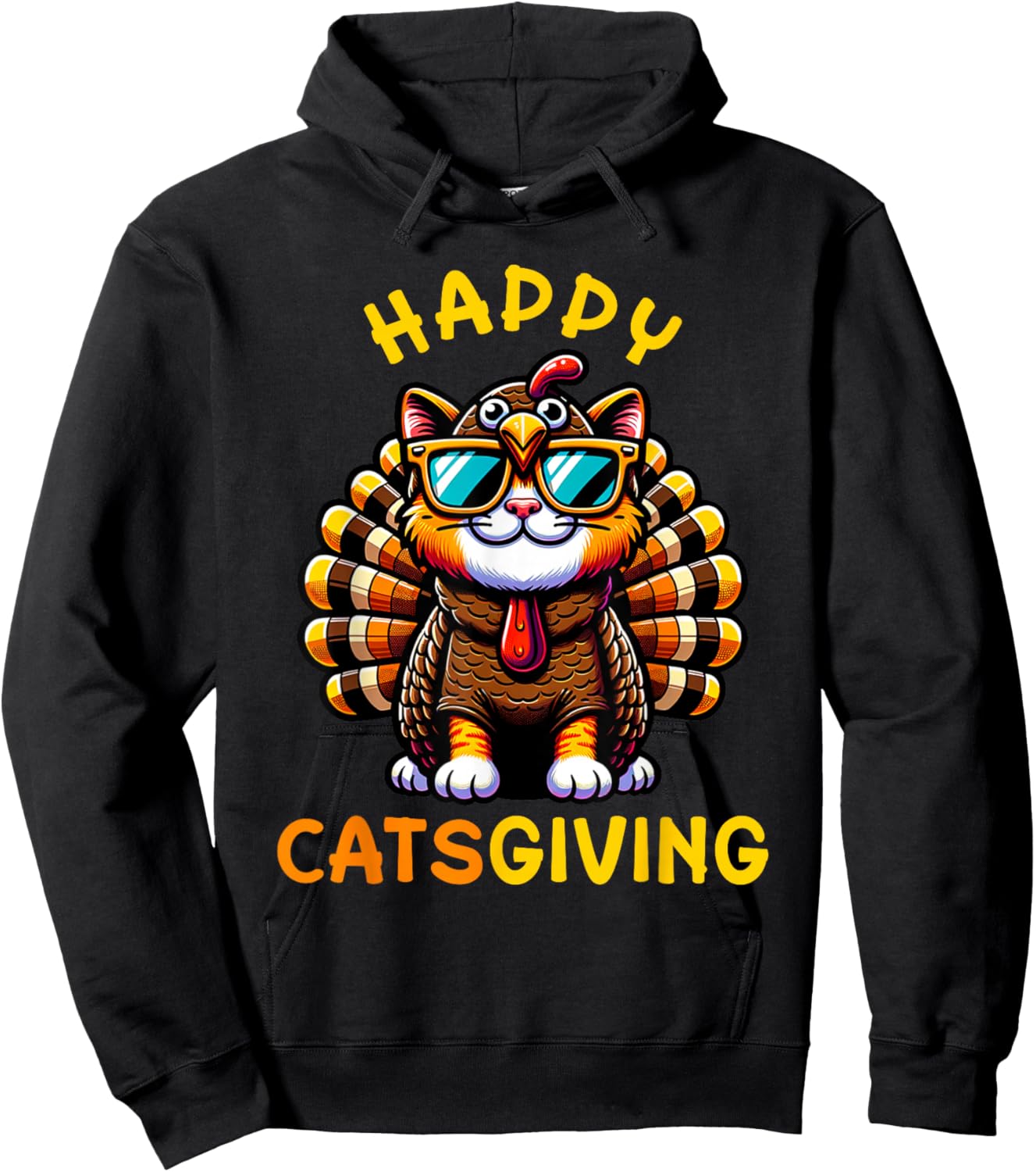 Happy Catsgiving Thanksgiving Funny Turkey Cat Men Women Girls Kids Hoodie - Hoodie | Black