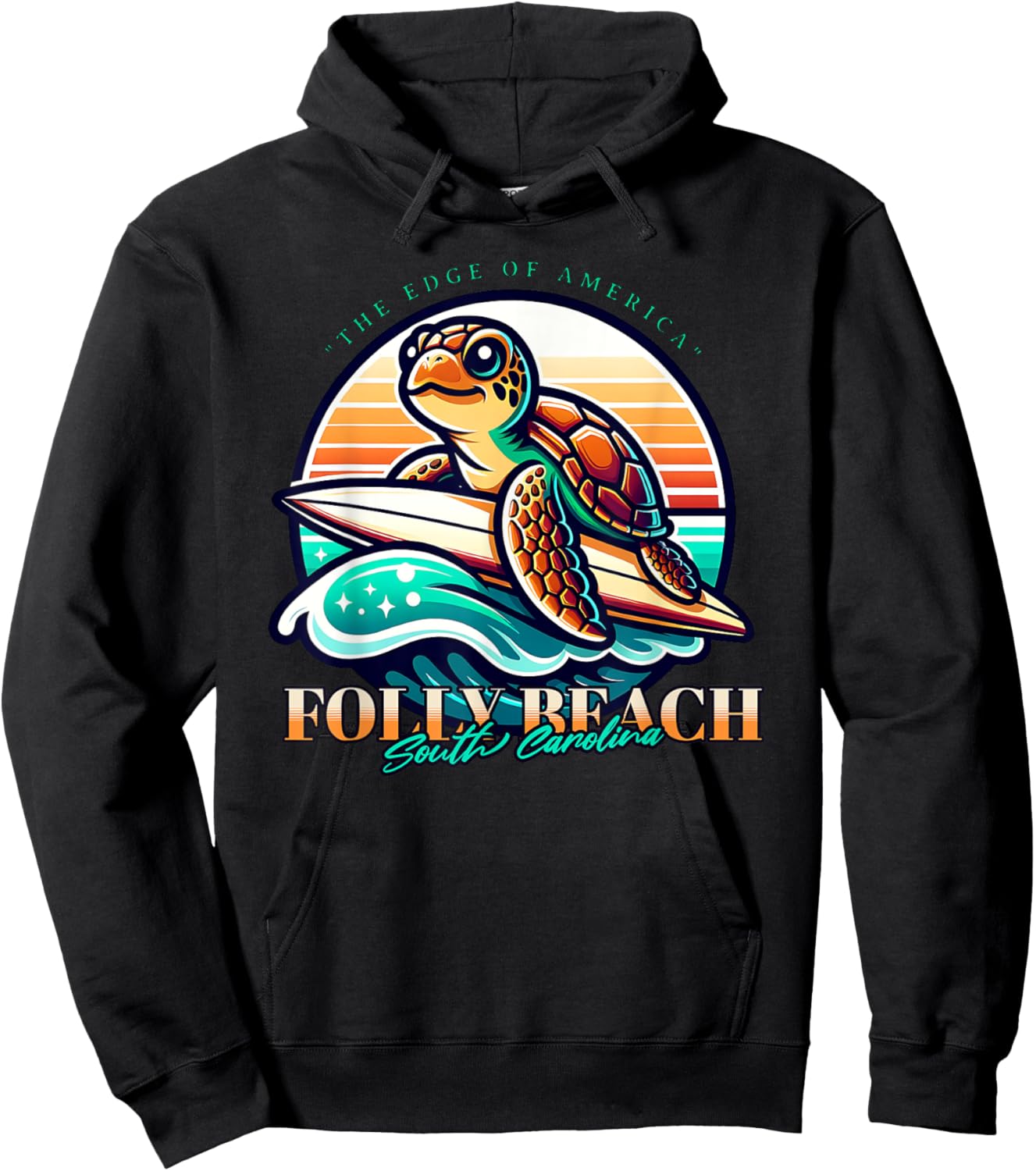 Folly Beach South Carolina Loggerhead Sea Turtle Retro Sun Women Kids Hoodie - Hoodie | Black
