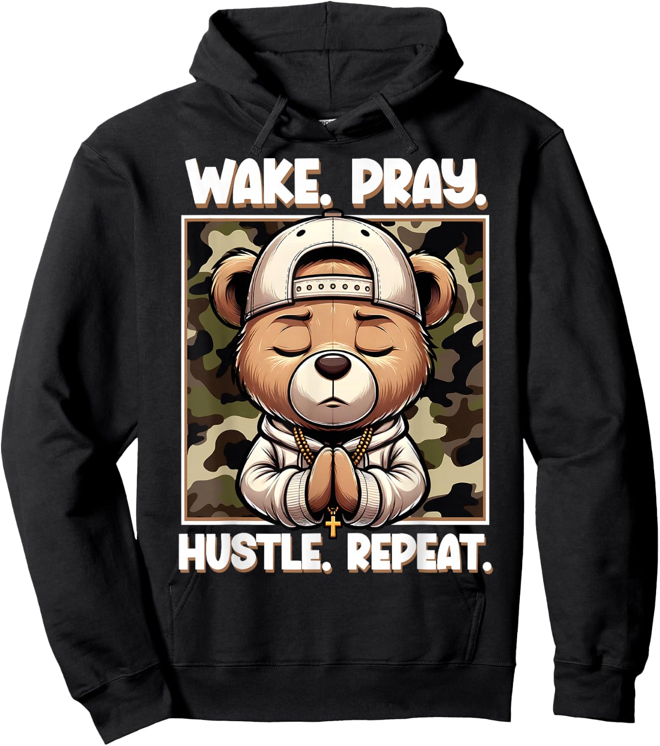 Wake Pray Hustle Repeat Hip Hop Teddy Bear Boys Teens Camo Hoodie - Hoodie | Black