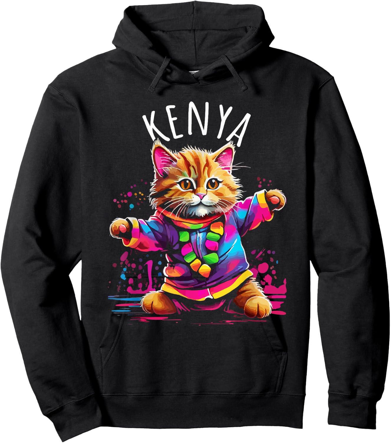 Kenya Quirky Funny Cute Colorful Dancing Cat Design Hoodie - Hoodie | Black