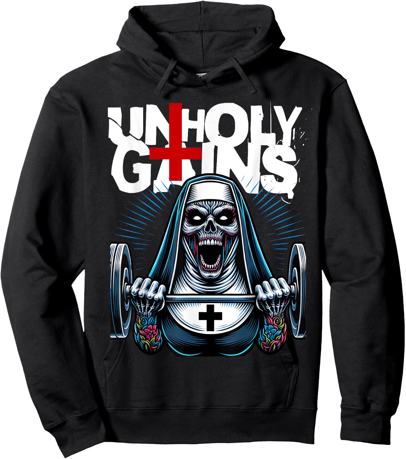 Unholy Gains Satanic Workout Devil Worship Nun Lifting Hoodie - Hoodie | Black
