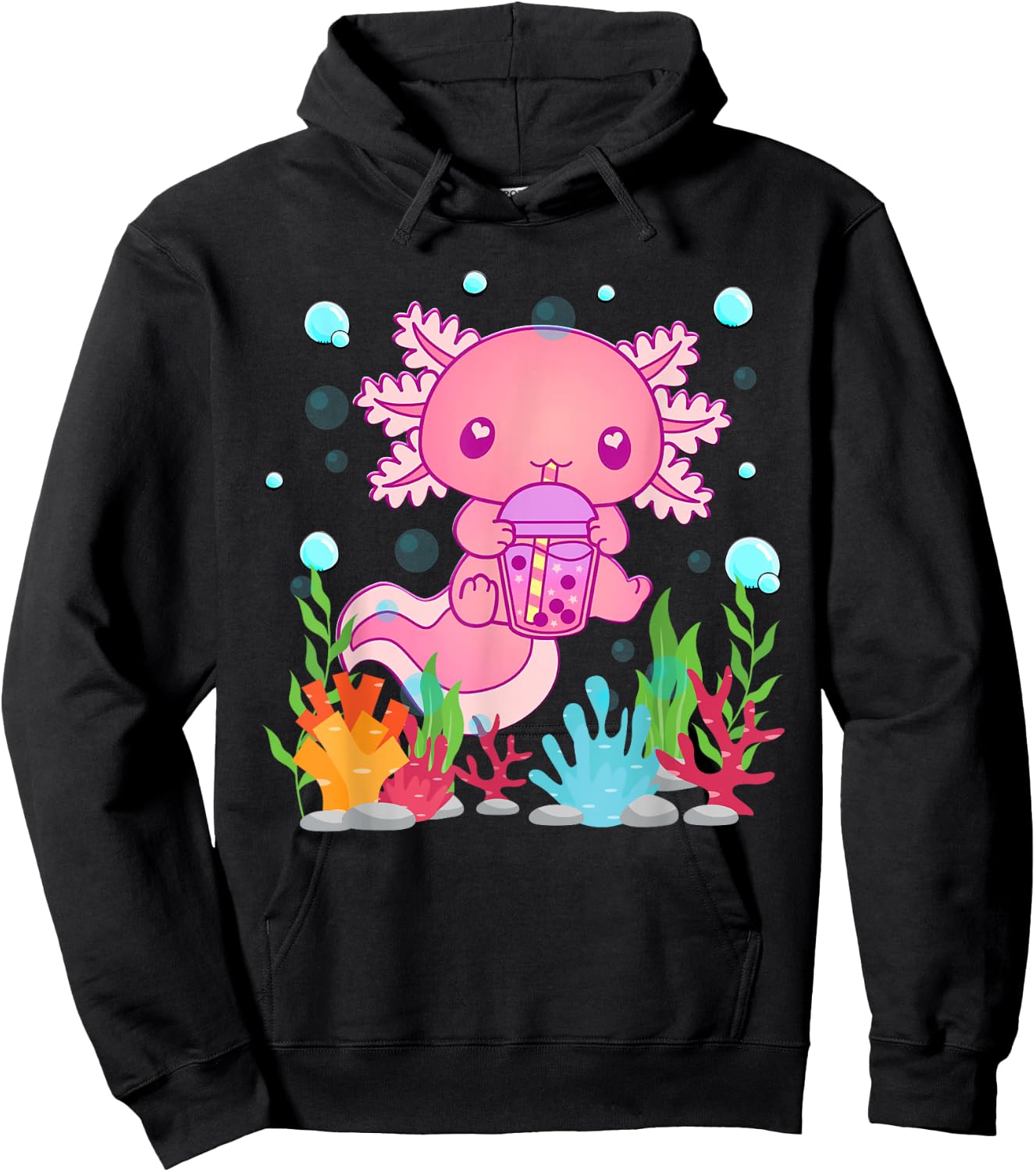 Cute Axolotl Boba Tea Kawaii Anime Teen Girls Kids Boys Hoodie - Hoodie | Black