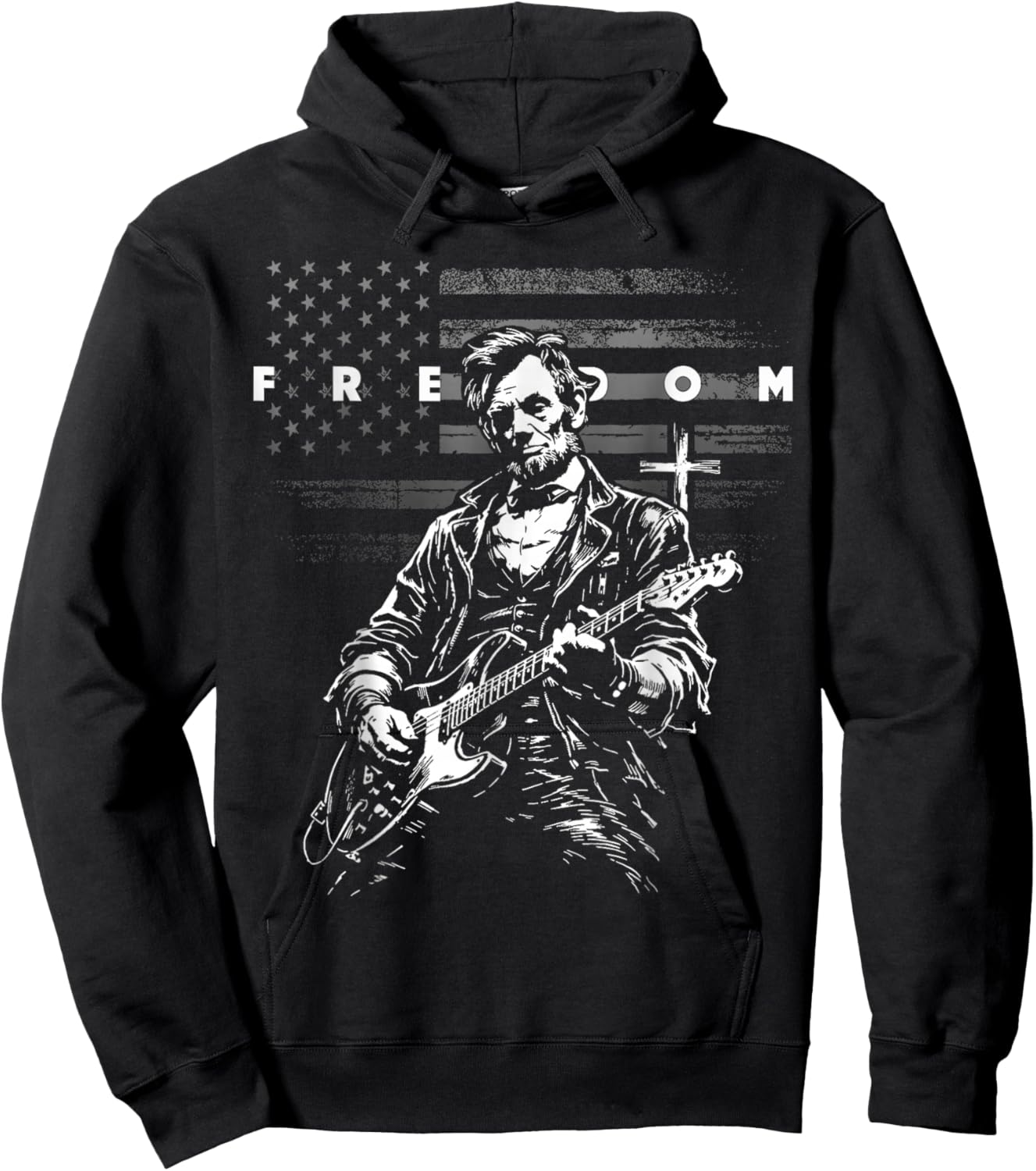 American Flag and Cross Faith Freedom Abe Lincoln Guitar Hoodie - Hoodie | Black