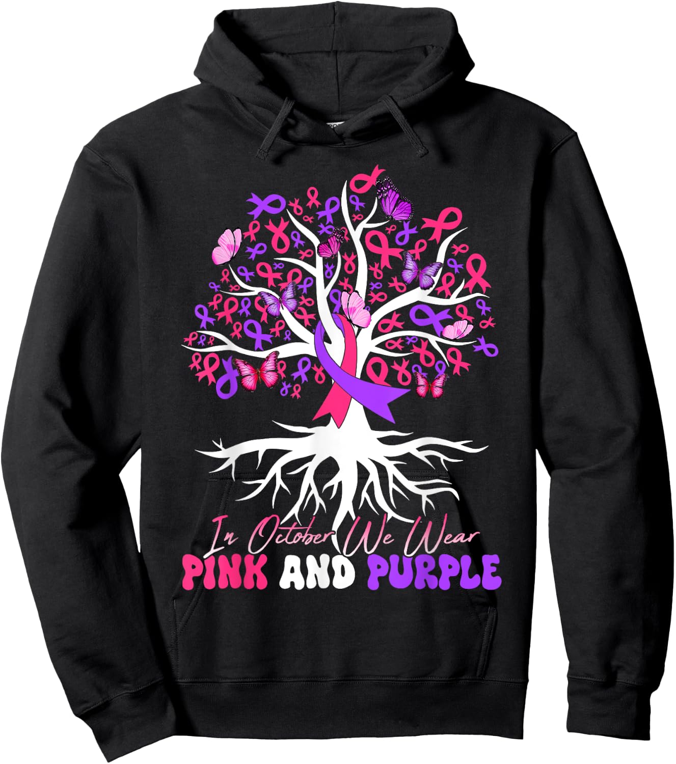 Domestic Violence Breast Cancer Awareness Month Ribbon Tree Hoodie - Hoodie | Black