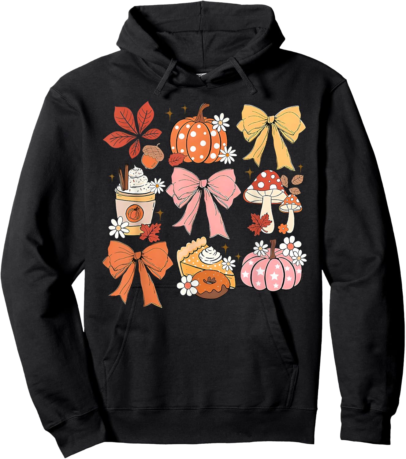Coquette Bow Pumpkin Season Thanksgiving Autumn Fall Leaves Hoodie - Hoodie | Black