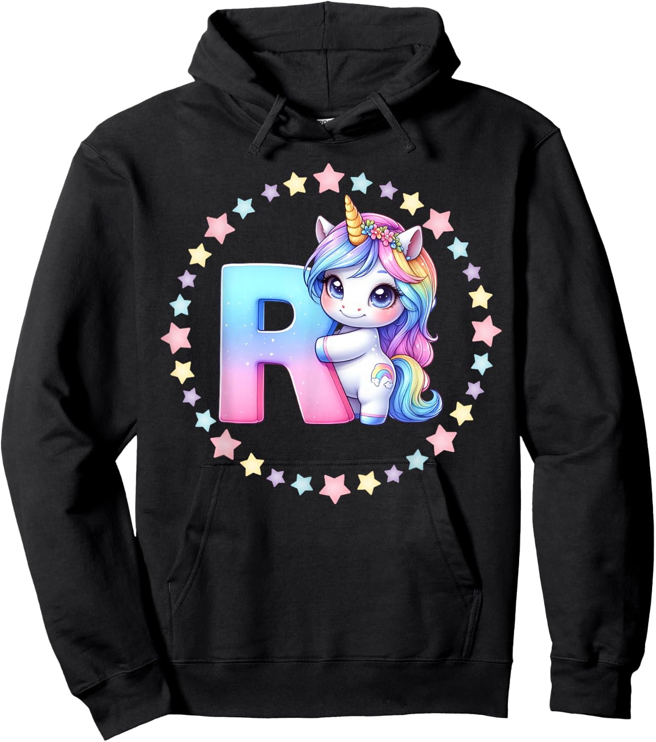 Unicorn Letter R Initial Rainbow Monogram Women Girls Kids Hoodie - Hoodie | Black