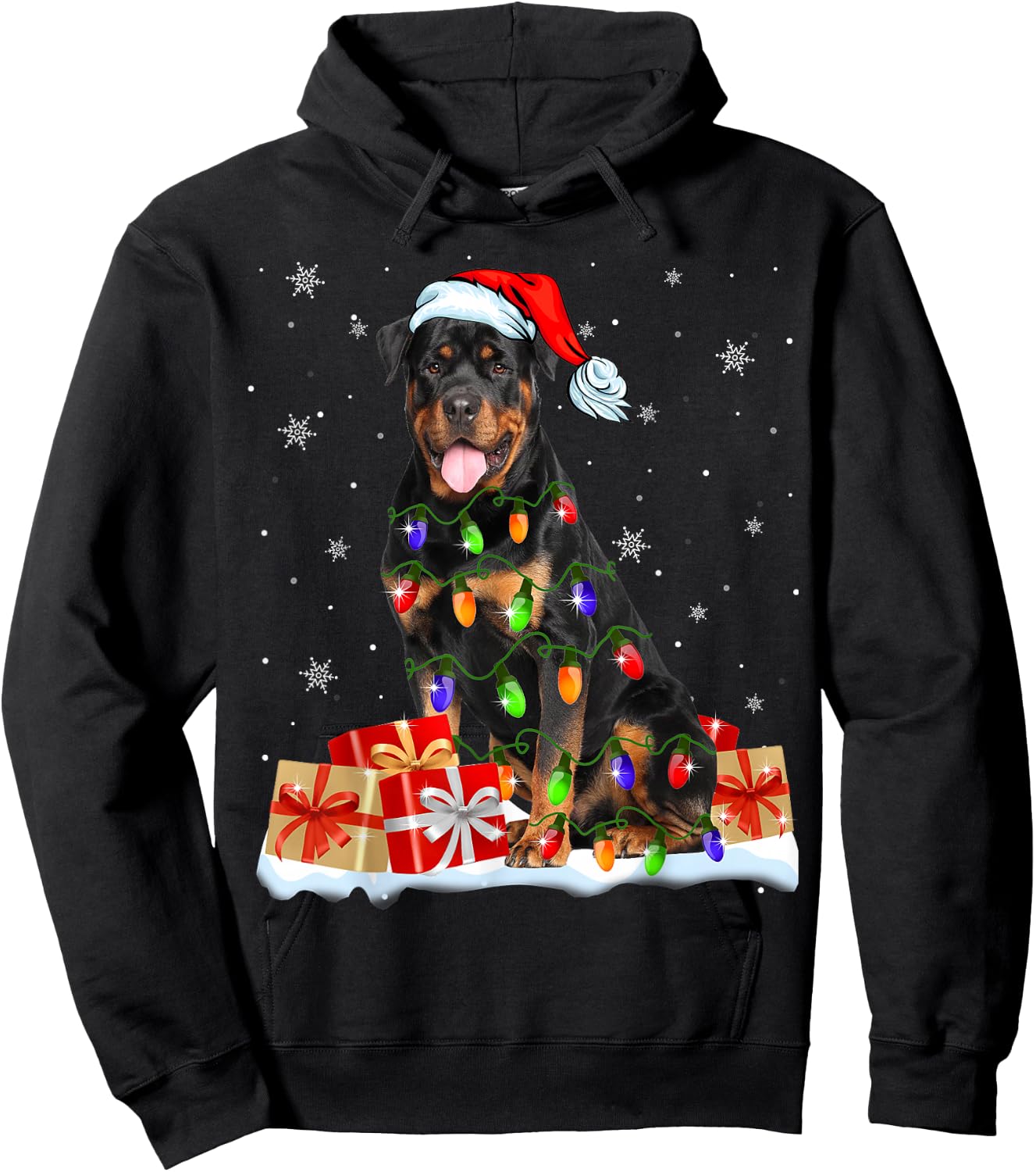 Rottweiler Santa Christmas Tree Light Xmas Puggy Lover Gifts Hoodie - Hoodie | Black