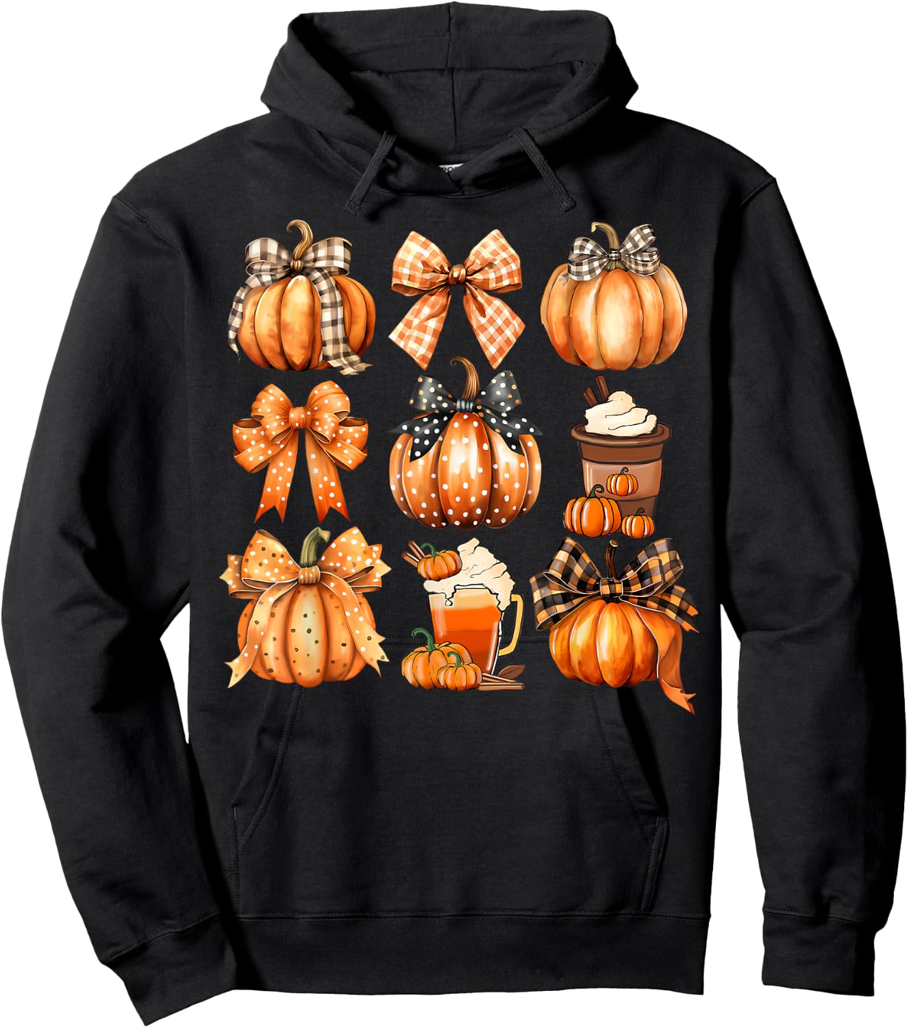 Retro Thanksgiving Pumpkin Coquette Bow Pumpkin Spice Plaid Hoodie - Hoodie | Black