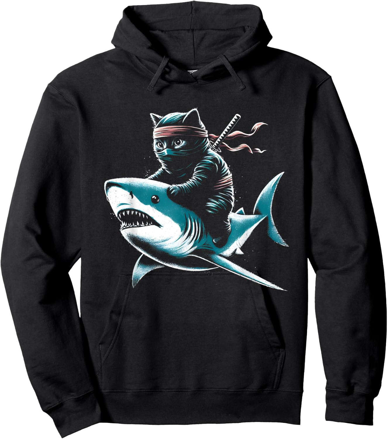 Ninja Cat Riding Shark - Funny Graphic Cat Kitten Lover Women Kids Hoodie - Hoodie | Black