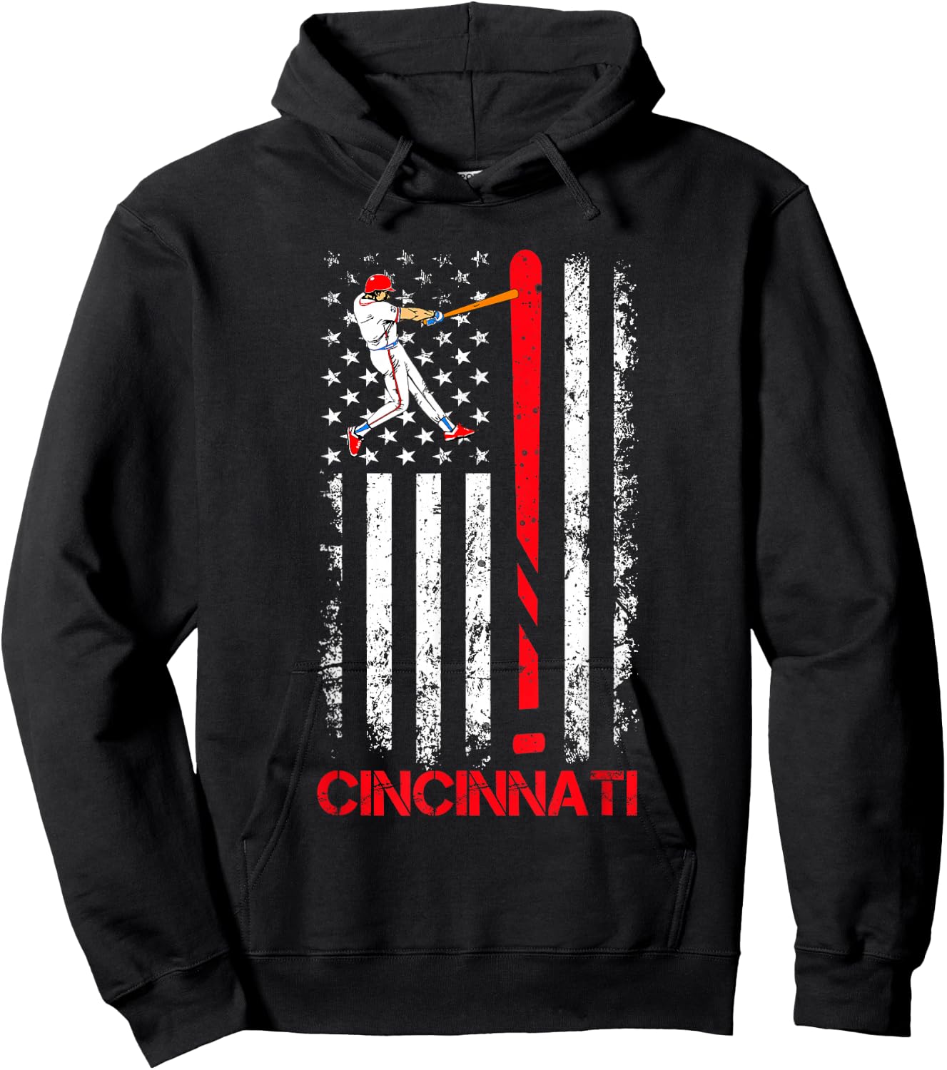 Vintage Cincinnati Baseball American US Flag Premium Hoodie - Hoodie | Black
