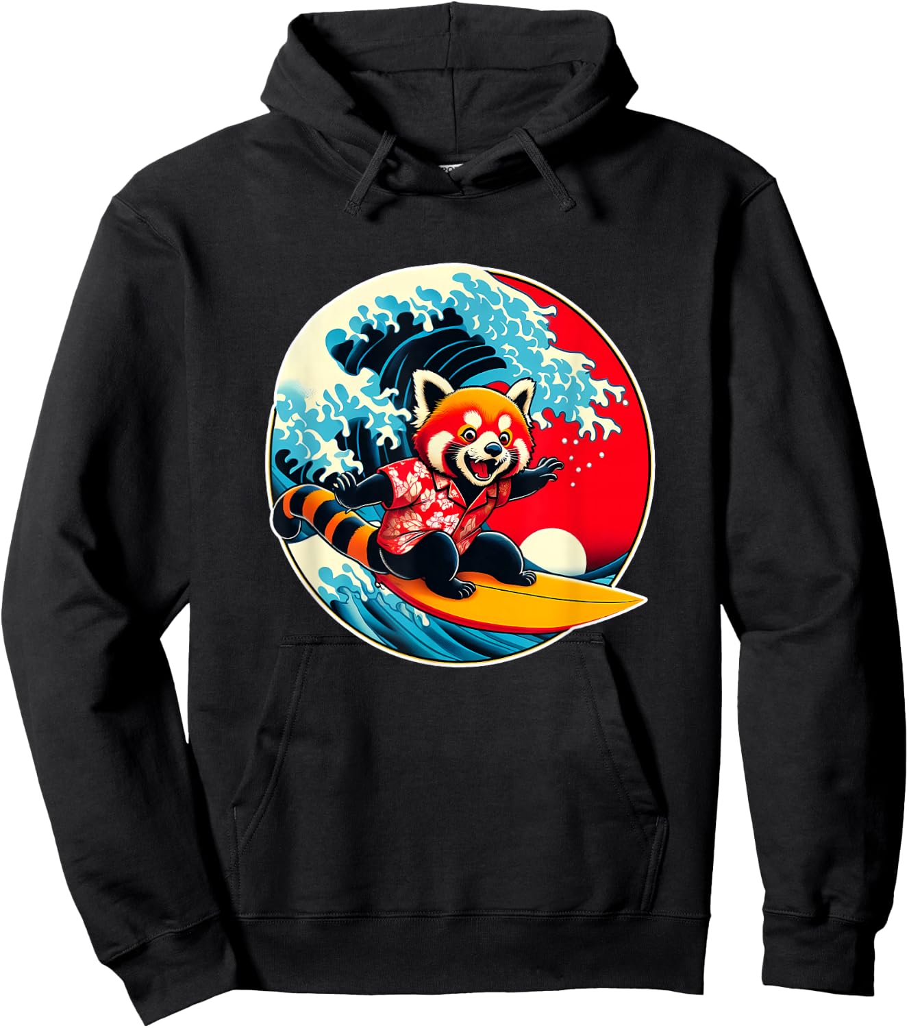 Great Wave Kanagawa Red Panda Surfing Hoodie - Hoodie | Black