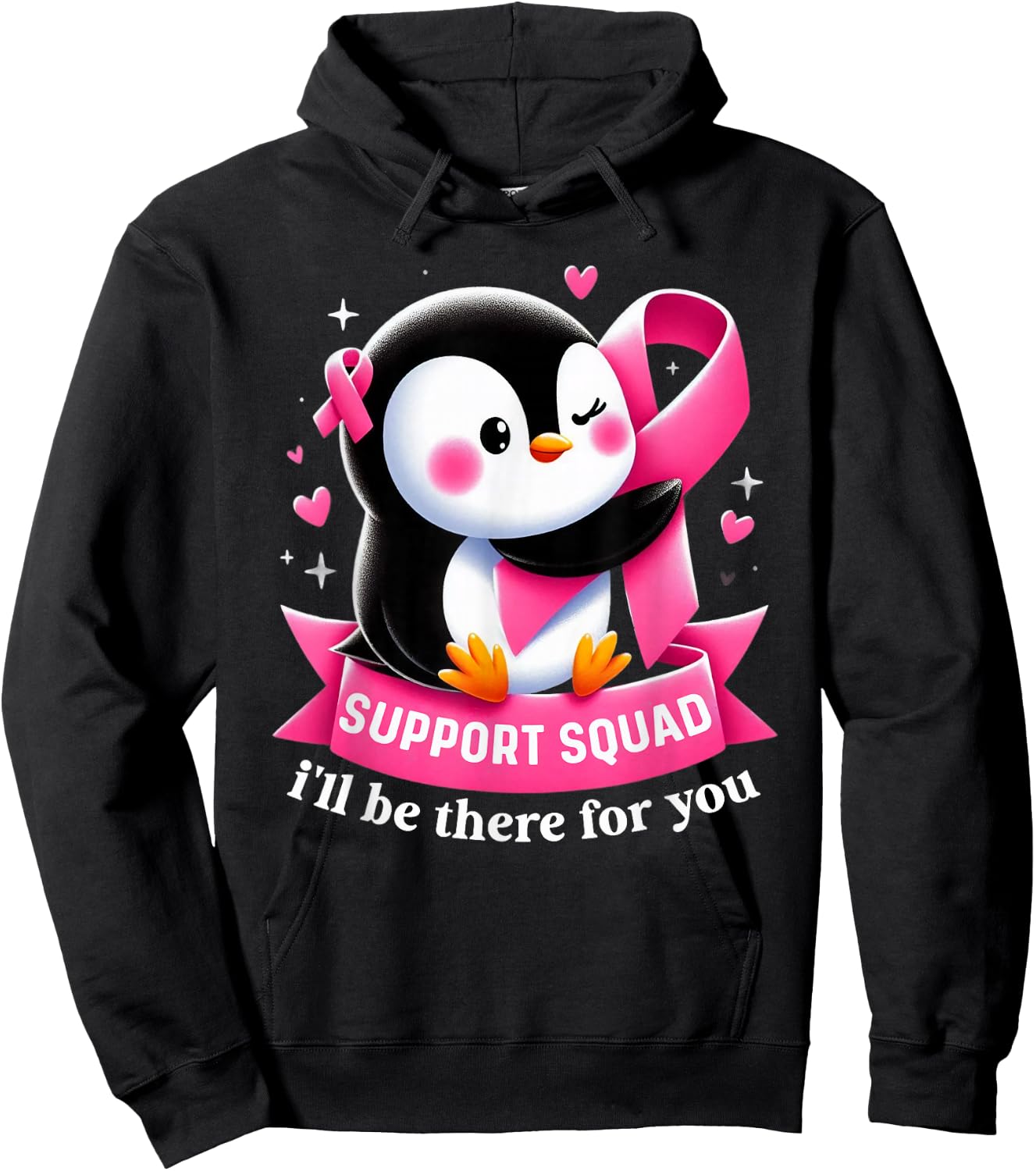 Support Squad Penguin Breast Cancer Awareness Pink Ribbon Hoodie - Hoodie | Black