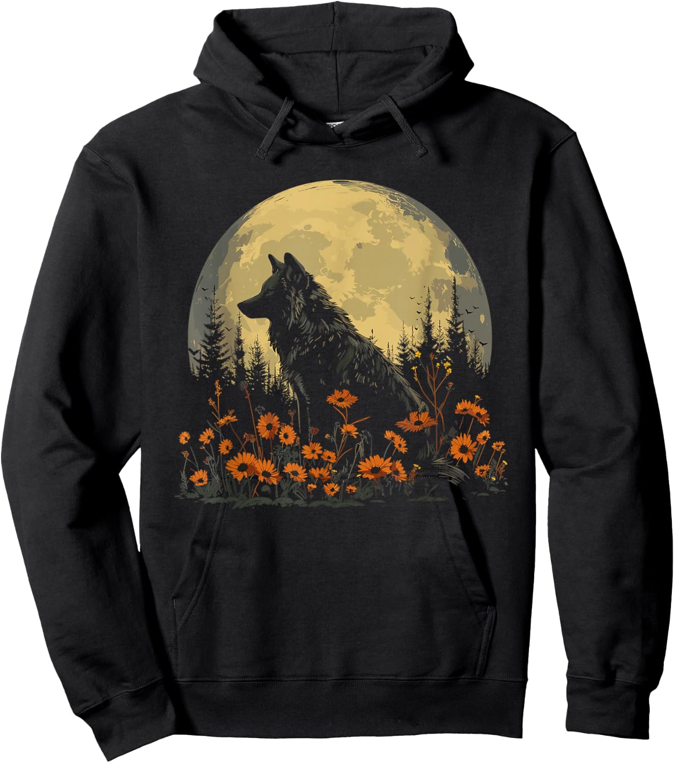 Wolf Floral Full Moon Wolves Flowers Hoodie - Hoodie | Black
