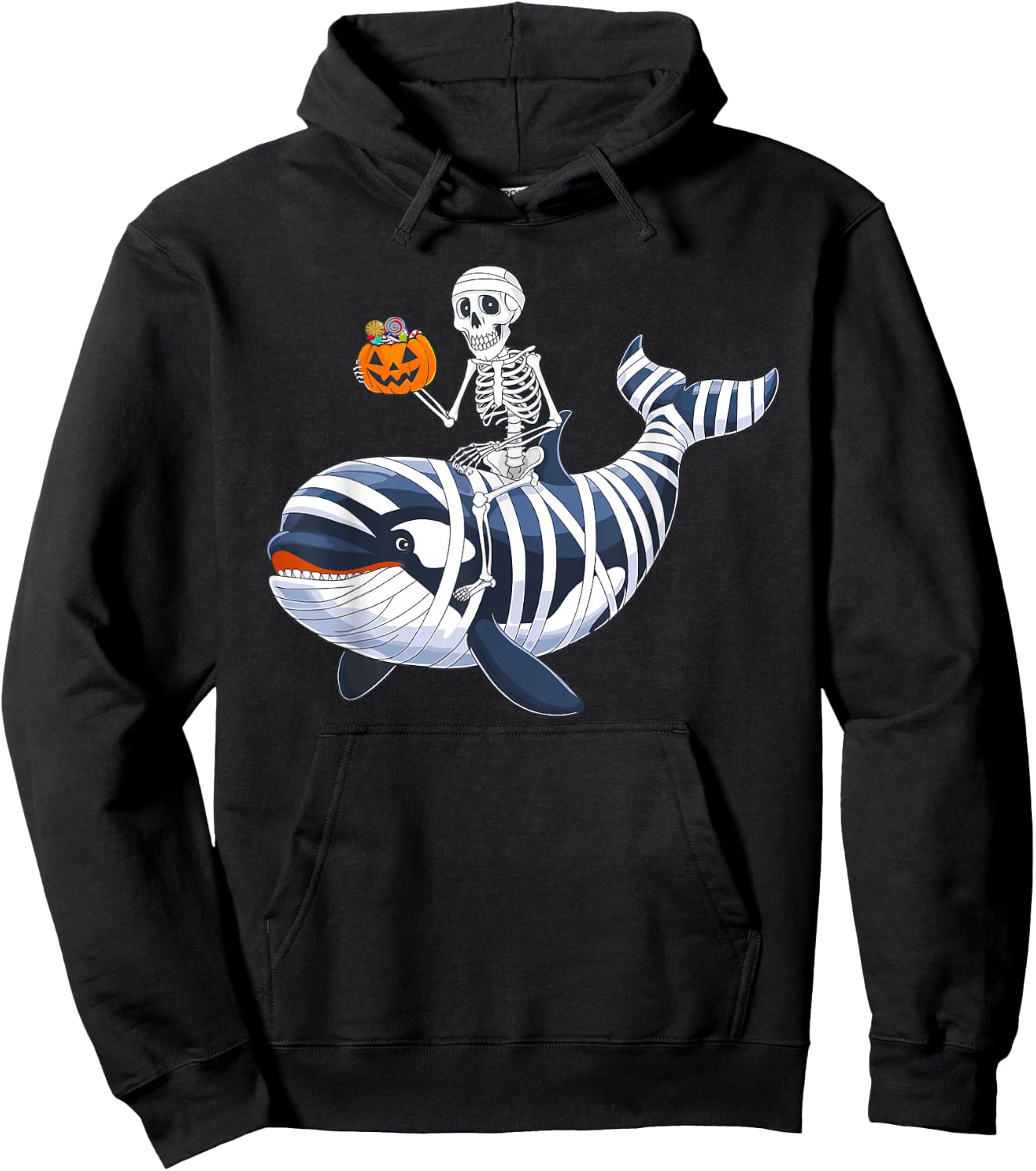 Skeleton Riding Mummy Orca Halloween Candy Whale Hoodie - Hoodie | Black