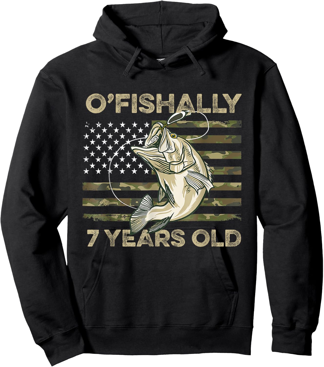 Ofishally 7 Year Old Shirt 7th Birthday US Flag Fishing Hoodie - Hoodie | Black