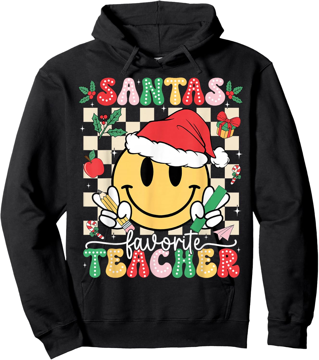 Santas Favorite Teacher Retro Groovy Smile Face Christmas Hoodie - Hoodie | Black