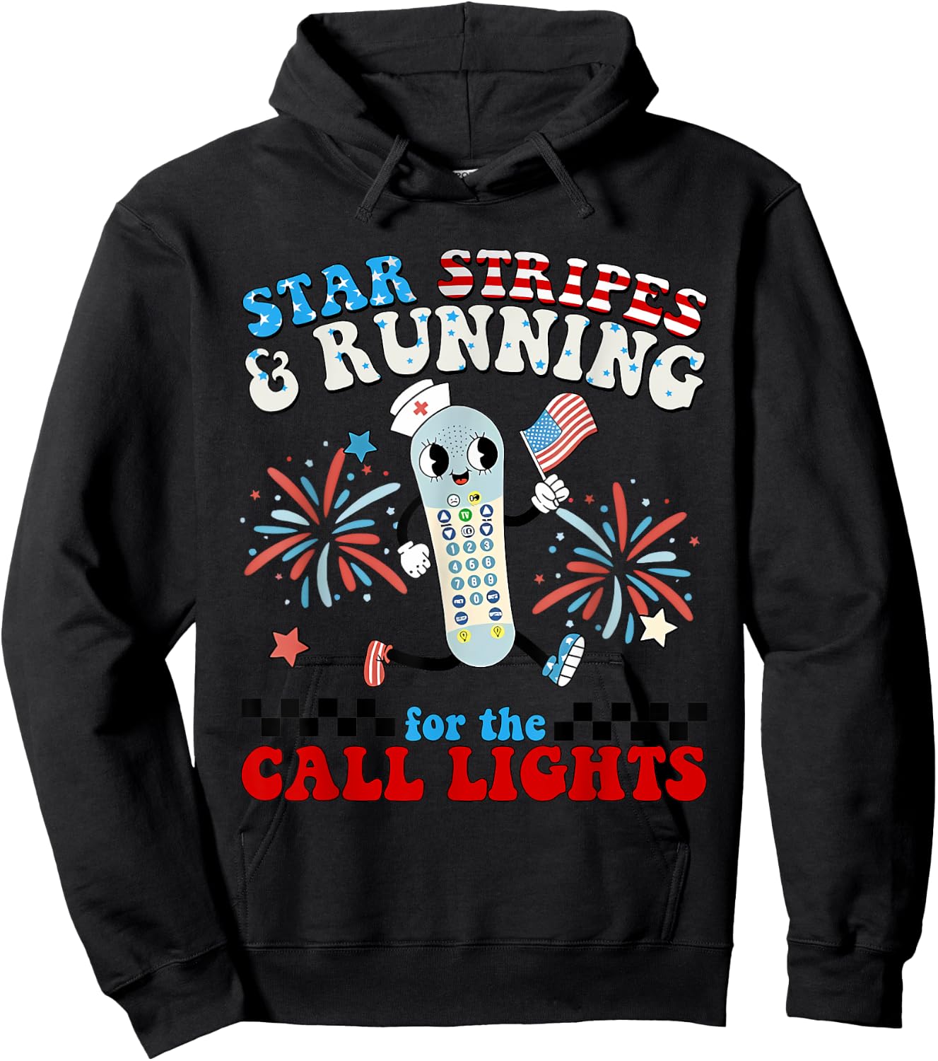 4th July Er Nurse Stars Stripes and Running for Call Lights Hoodie - Hoodie | Black
