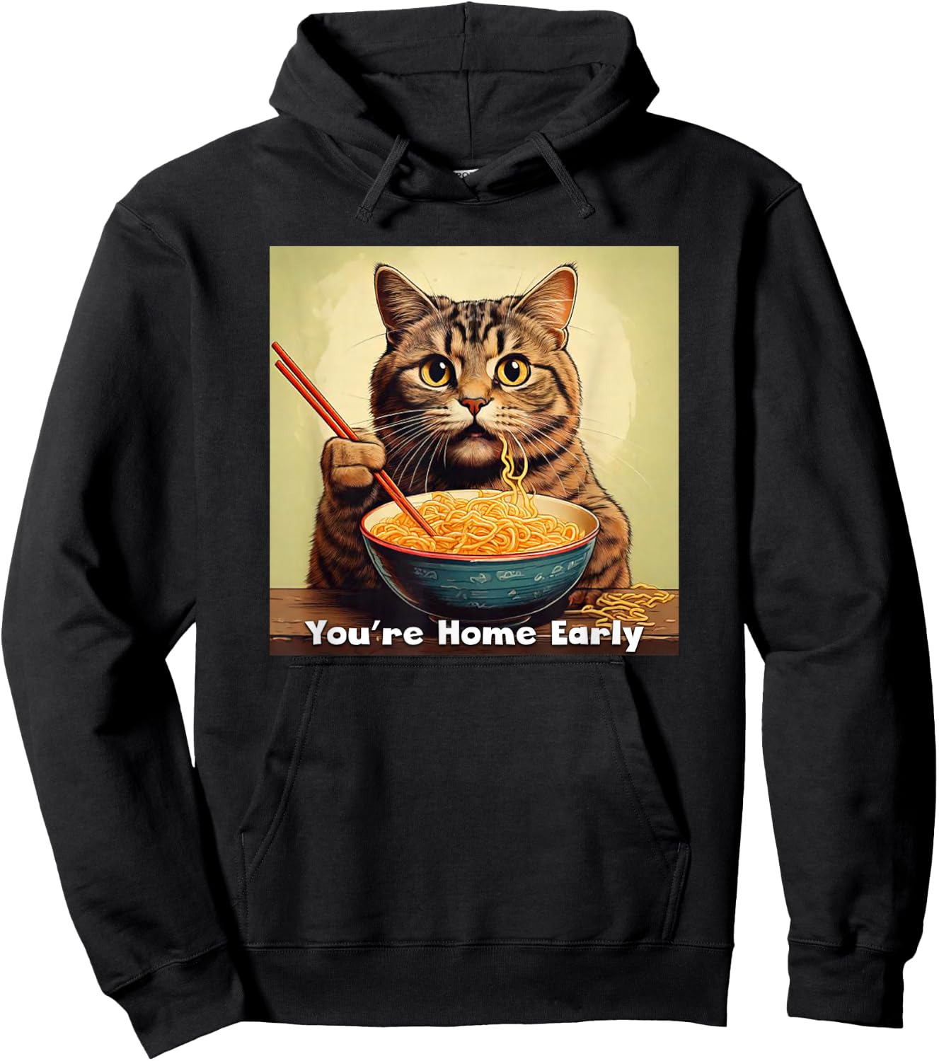 Surprised Cat Eating Ramen Noodles Anime - You're Home Early Hoodie - Hoodie | Black